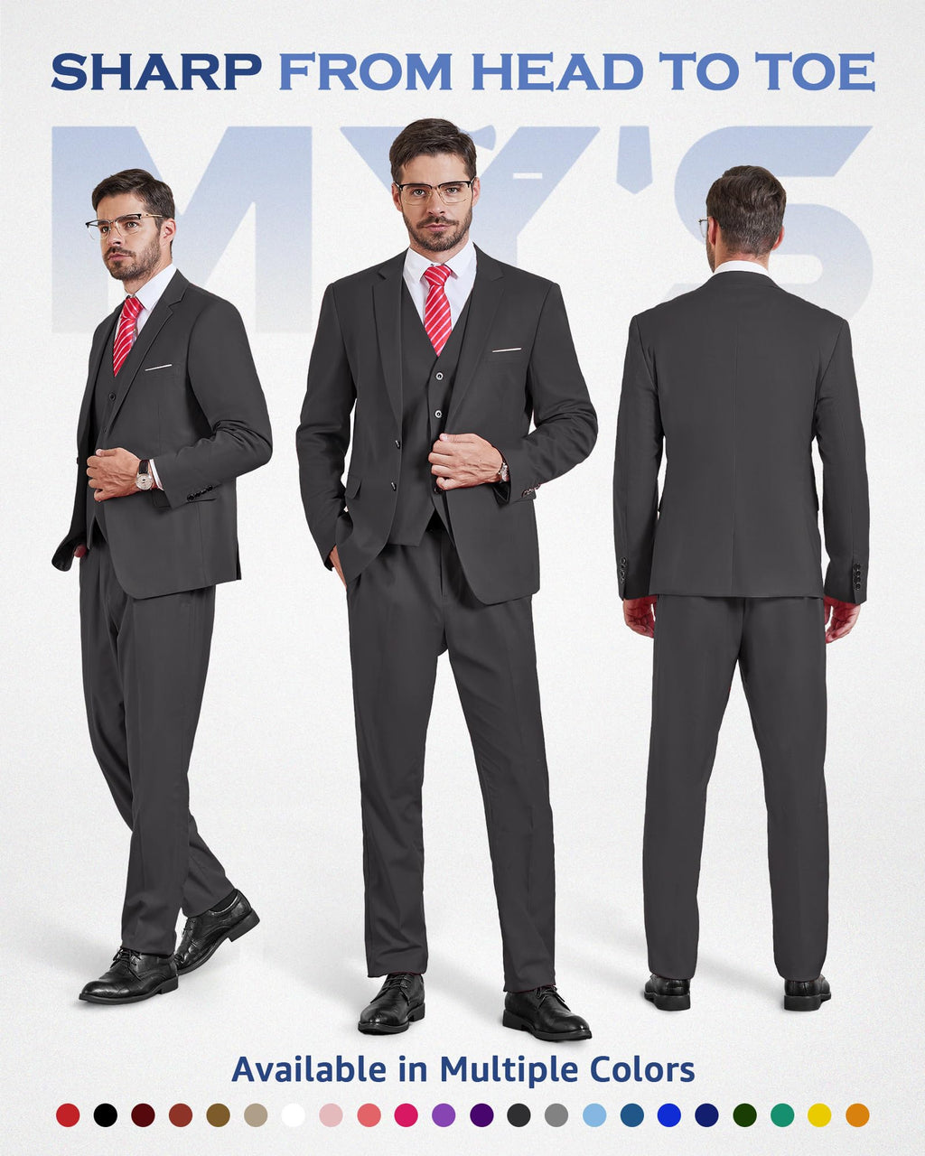 MY'S Men's 3 Piece Slim Fit Suit Set, 2 Button Blazer Jacket Vest Pants with Tie, Solid Wedding Dress Tux and Trousers Deep Grey