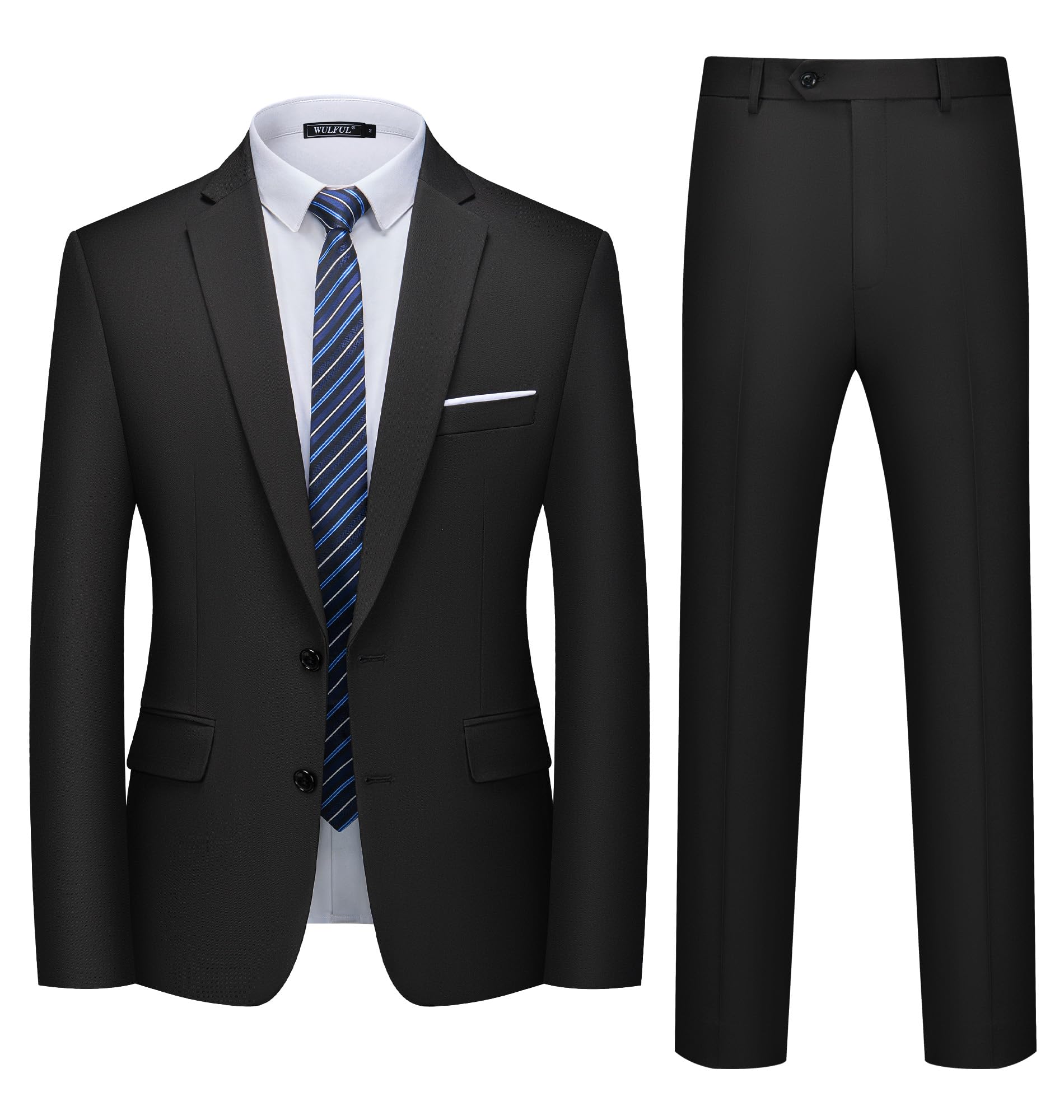 WULFUL Men's 2 Piece Suits Slim Fit Two Button Blazer Jacket Pants Set for Party,Wedding and Business Black
