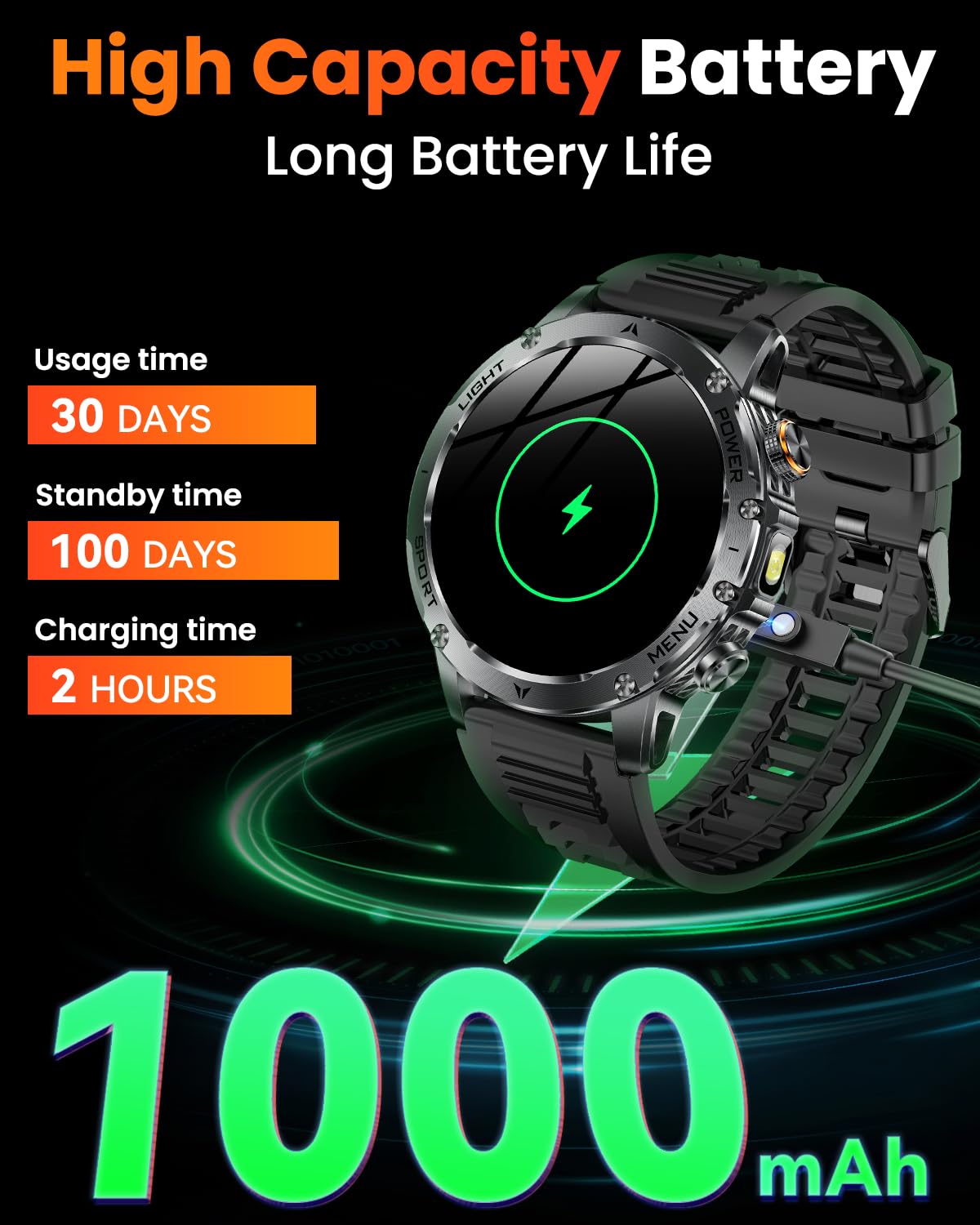 Military Smart Watches for Men, Smart Watch with 1000 mAh Battery/Answer/Dial Calls/Fitness Tracker/Flashlight/Heart Rate/Sleep Monitor/100+ Sports Mode, 1.7″ Waterproof Smartwatch for Android/iPhone