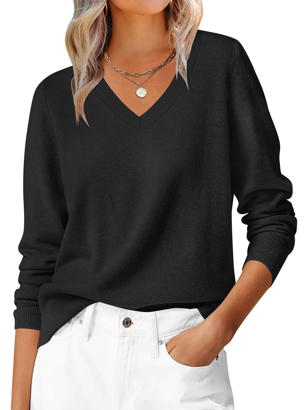 ANRABESS Womens Long Sleeve V Neck Sweaters 2025 Fall Casual Classic Soft Loose Fit Basic Pullover Jumper Top Black Large