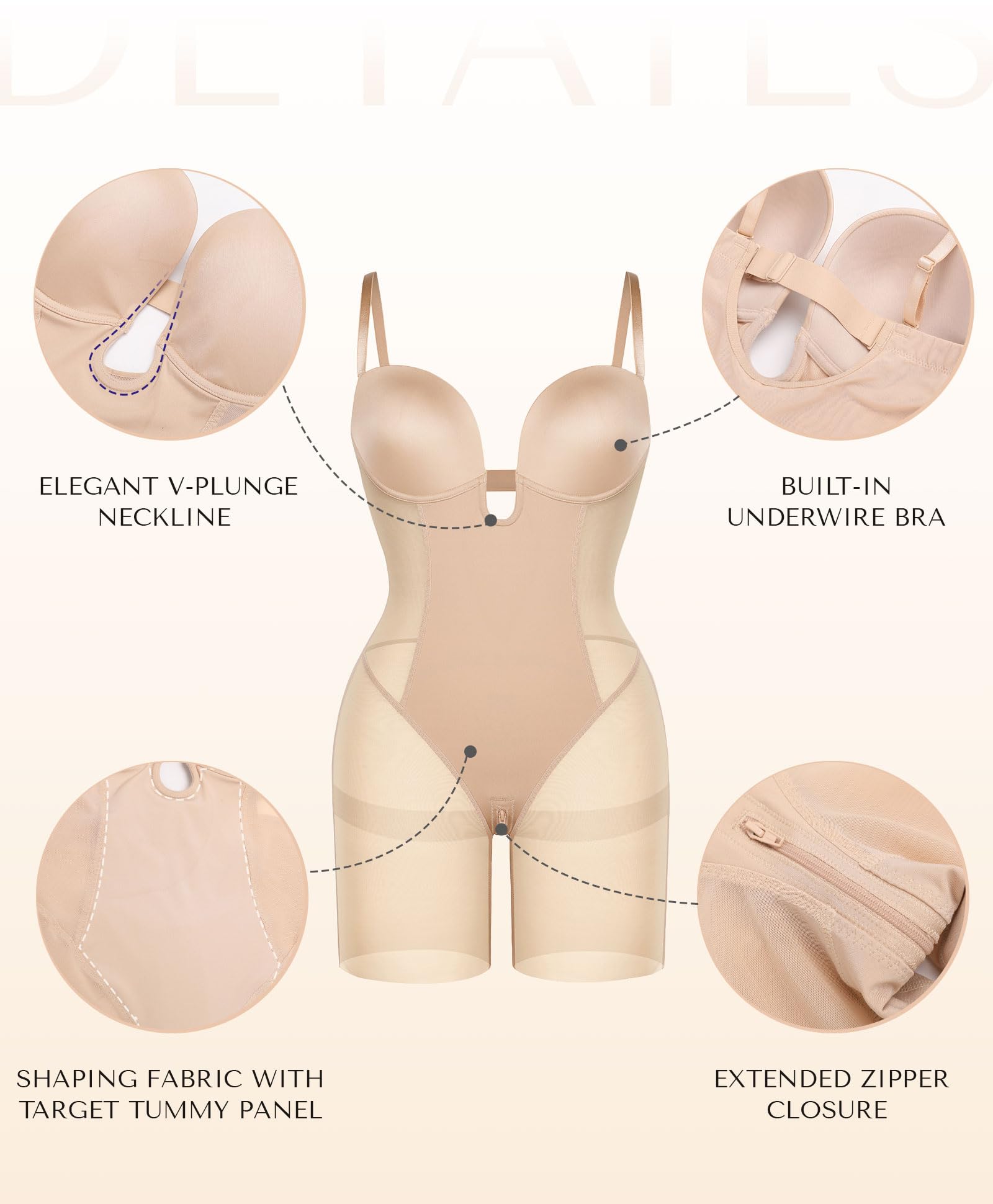 SHAPELLX Backless Strapless Shapewear Low Back Bodysuit Plunge Bra Body Shaper Bridal Shapewear for Wedding Dress L+