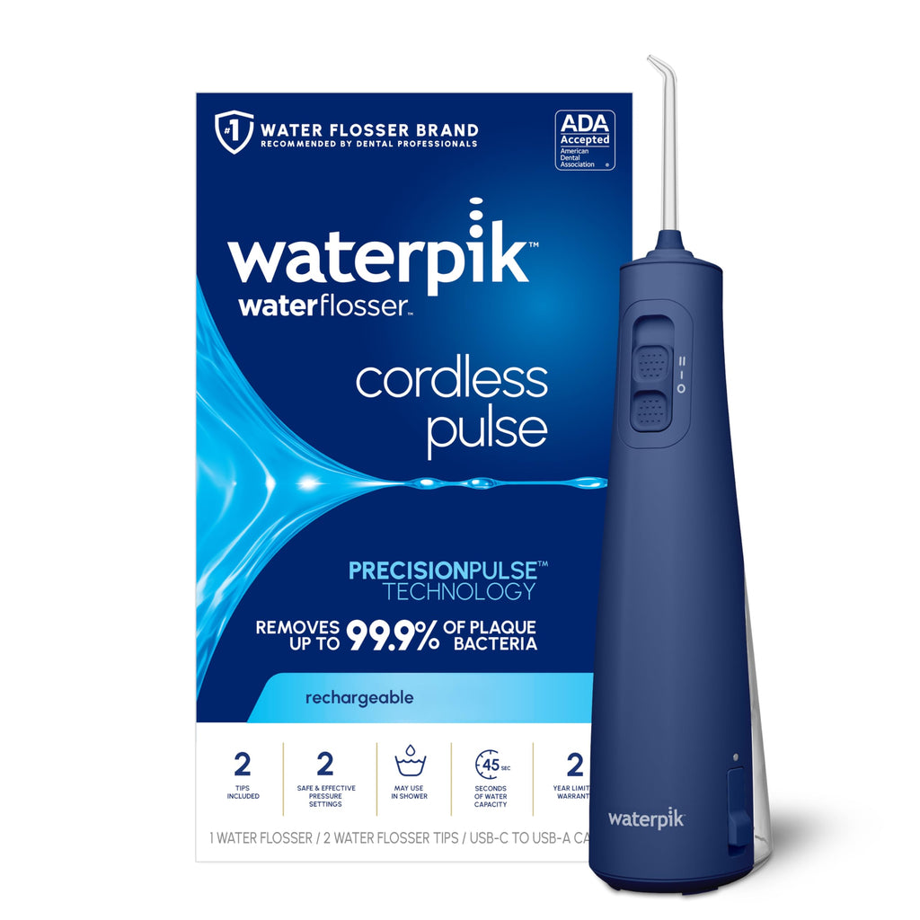 Waterpik Cordless Pulse Rechargeable Portable Water Flosser for Teeth, Gums, Braces Care and Travel with 2 Flossing Tips, Waterproof for Shower, ADA Accepted, WF-20 Blue, Packaging and Tips May Vary