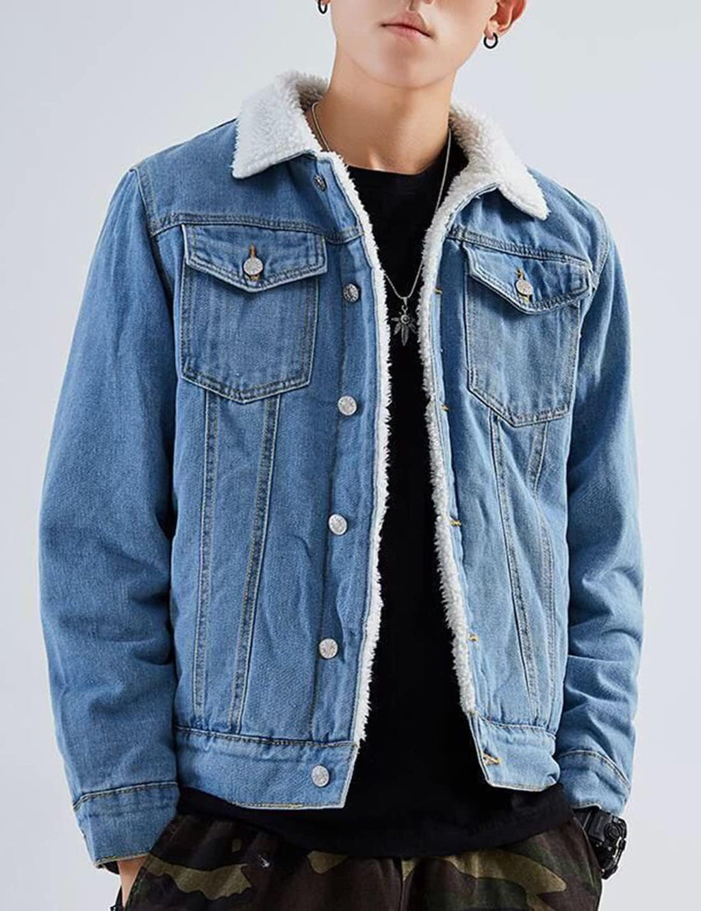 Springrain Men's Sherpa Fleece Lined Denim Jacket Warm Winter Trucker Jacket Cowboy Jean Jacket(LightBlue-XS)