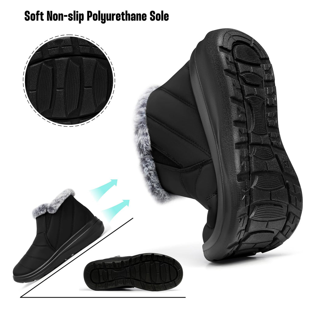 SHIBEVER Winter Waterproof Boots for Women: Snow Women Ankle Black Fur Lined Shoes Size 8 Slip On Warm Insulated Boot