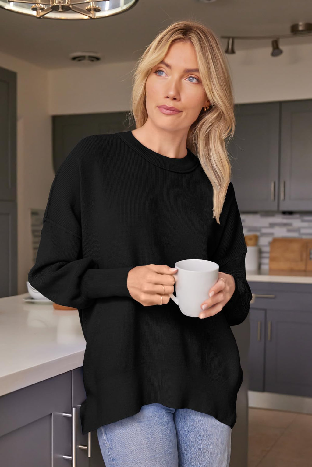 EFAN Women's Oversized Sweaters 2025 Fall Trendy Crewneck Batwing Sleeve Chunky Knit Long Pullover Cute Tunic Tops Dress Winter Clothes Cashmere Fashion Outfits Ladies Clothing Black S
