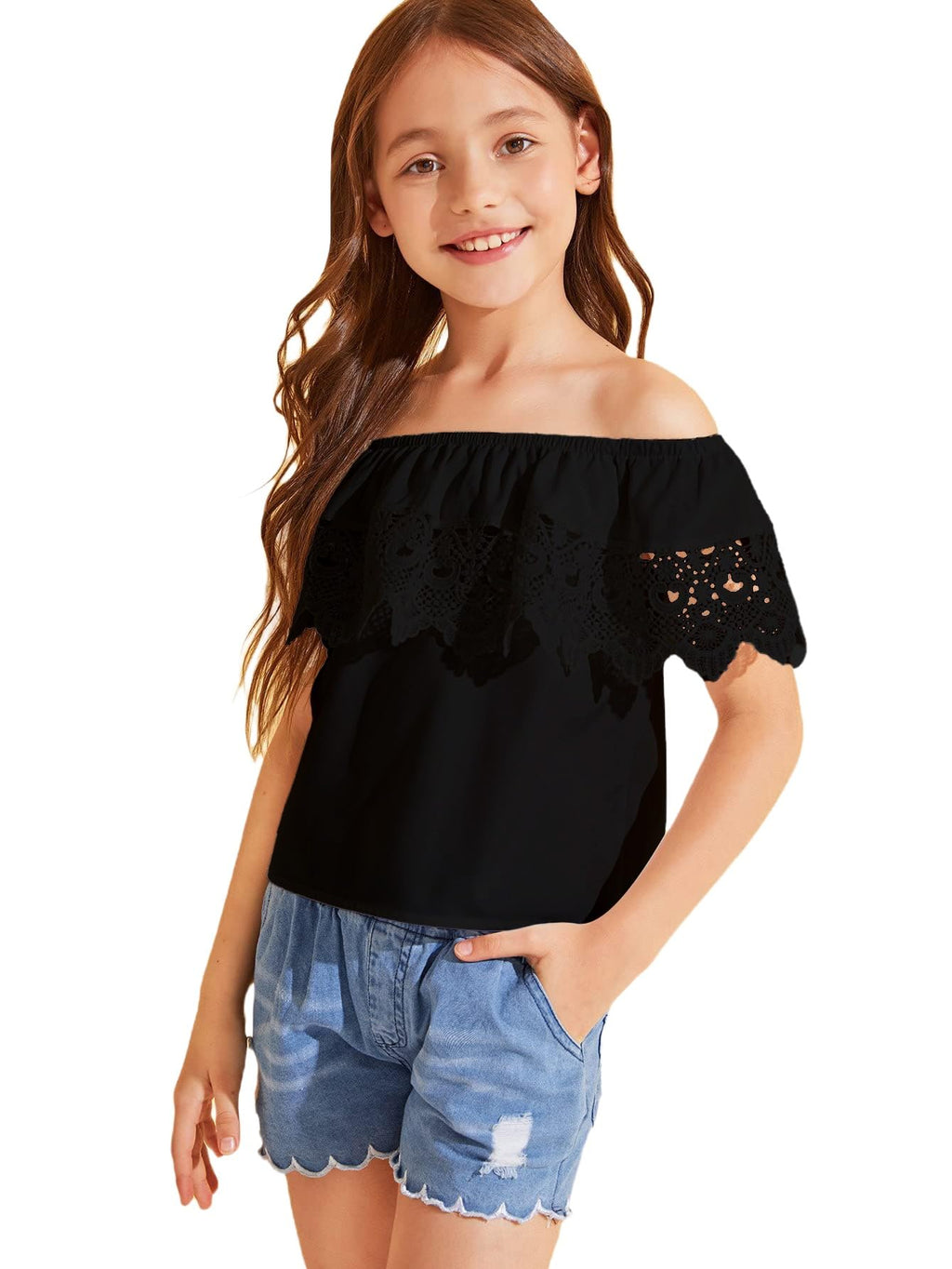 WDIRARA Girl's Off The Shoulder Ruffle Trim Lace Short Sleeve Blouse Top Black 11 Years