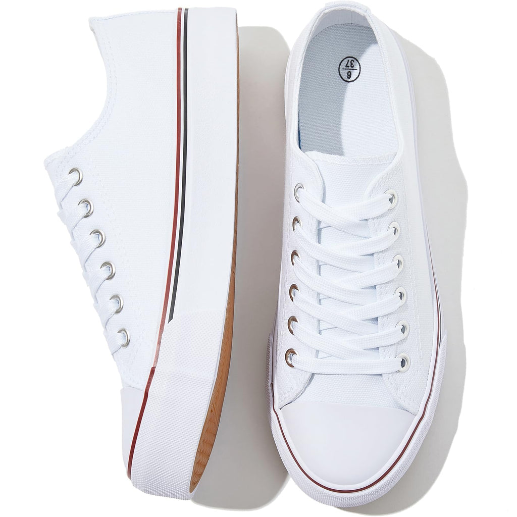 FRACORA Womens White Black Canvas Sneakers Low Top Canvas Shoes for Women Tennis Shoes(White,US8.5)