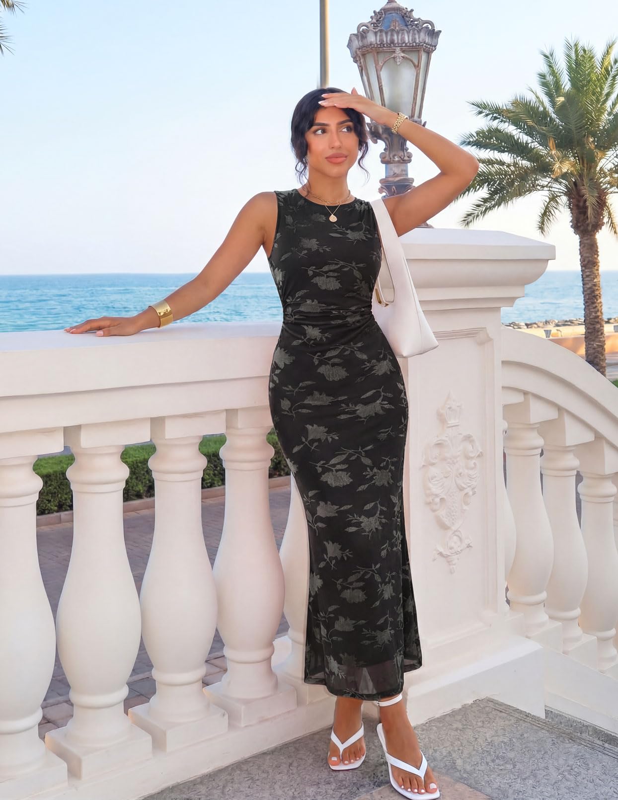 MEROKEETY Women's Summer Sleeveless Floral Bodycon Dress 2026 Spring Mesh Wedding Guest Cocktail Formal Party Maxi Dresses, Black, Medium