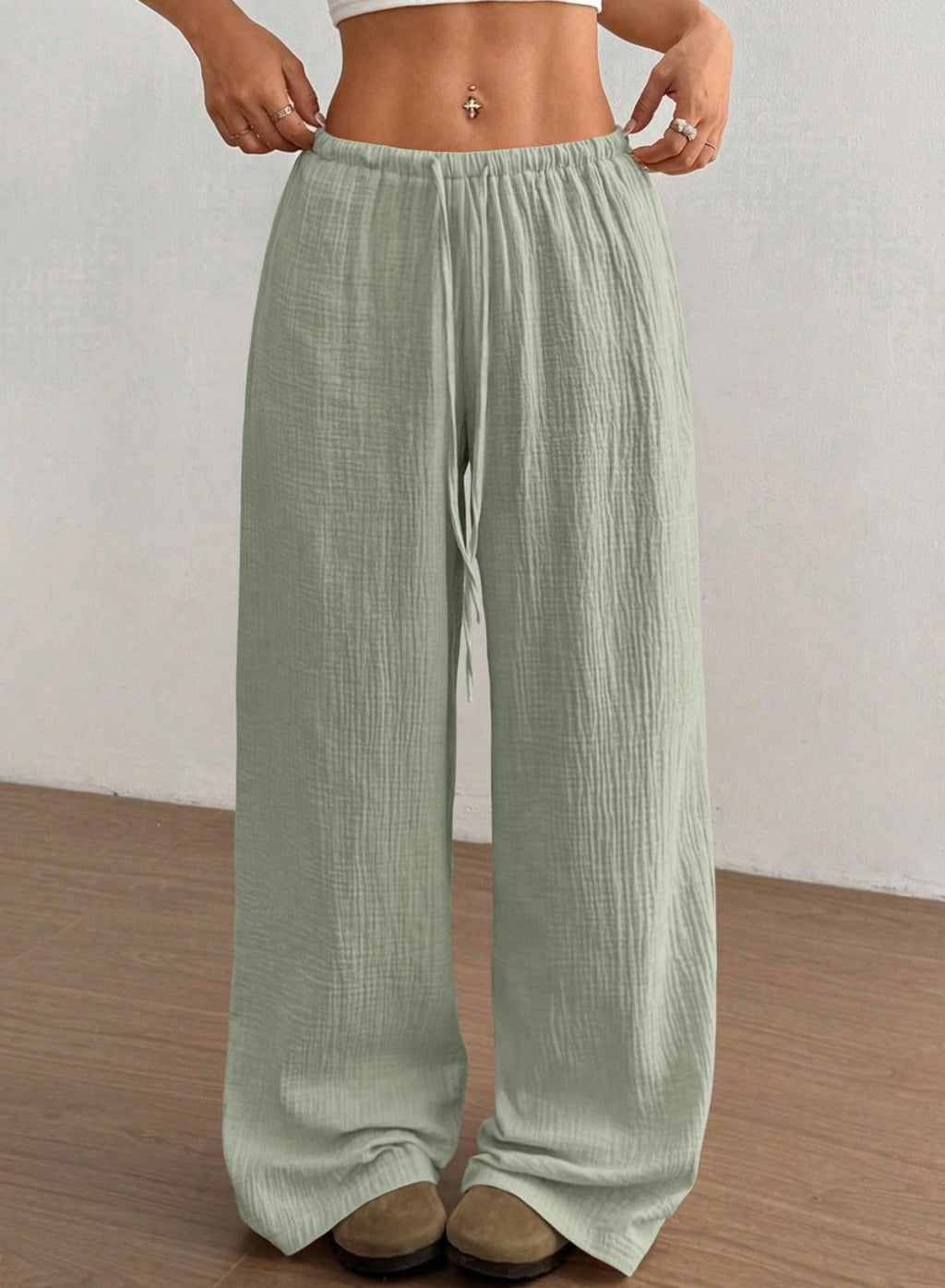 Acelitt Women’s Wide Leg Palazzo Pants Drawstring Elastic Waist Casual Loose Lounge Pants Beach Trousers Teacher Outfits for Women Green Small