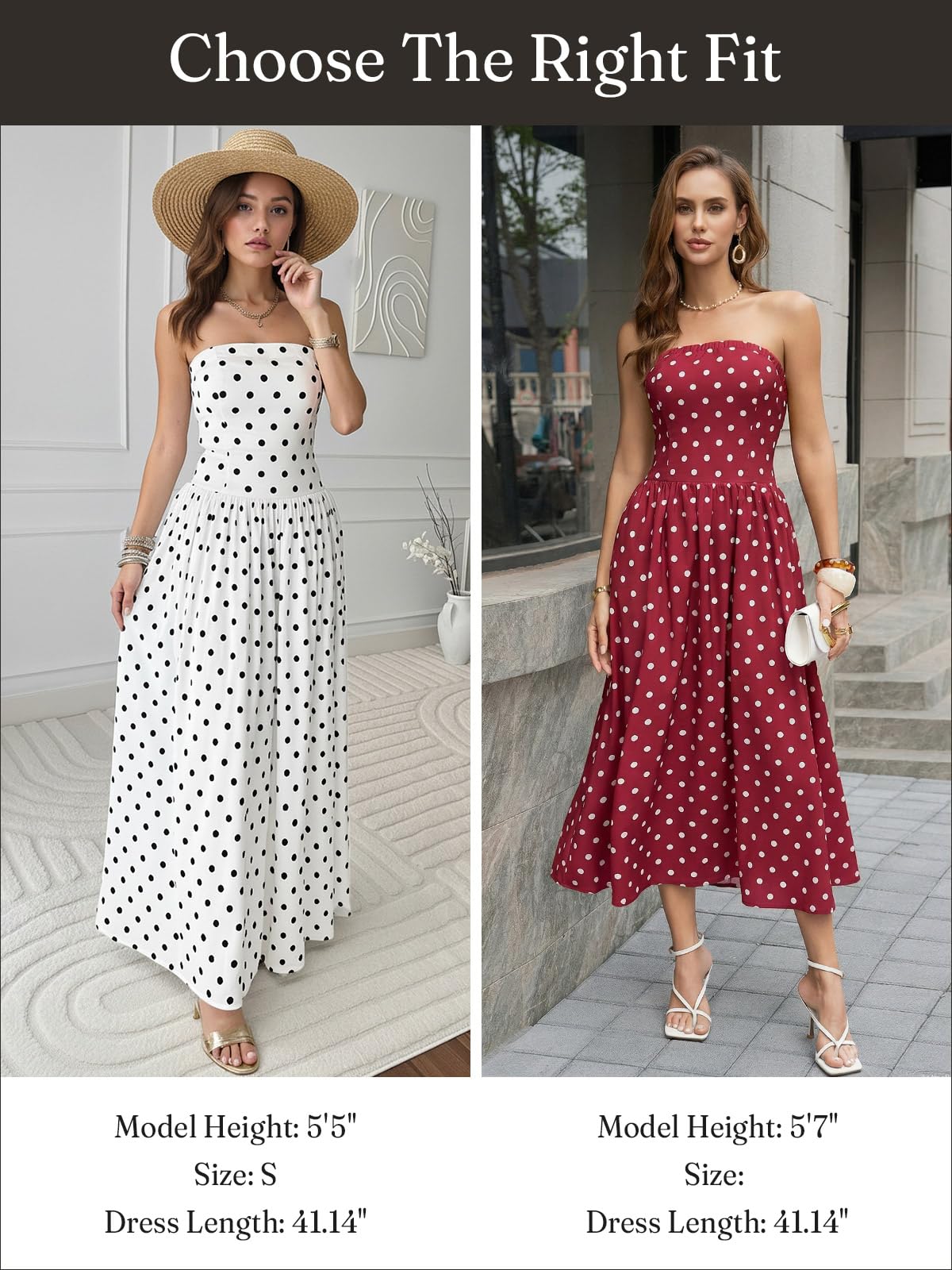 Wenrine Womens Polka Dot Strapless Dress Summer Smocked Tube Top Casual Sleeveless Swing Flowy Maxi Dresses with Pockets