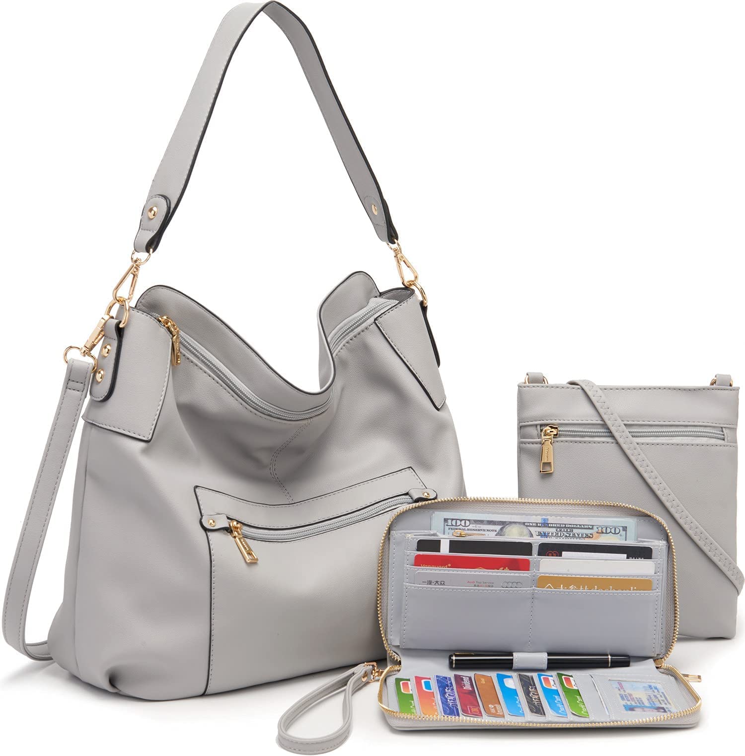 Large Crossbody Bags Ladies Shoulder Handbags Purse and Wallet Set for Women Hobo Purses Grey