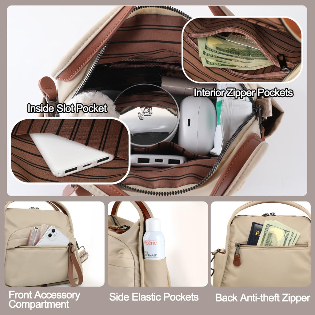 Nylon Crossbody Bags for Women, Water-Resistant Lightweight Shoulder bag with Large Capacity & Organized Design, Top Handle Bag with 2 Interchangeable Adjustable Shoulder Straps(Khaki)