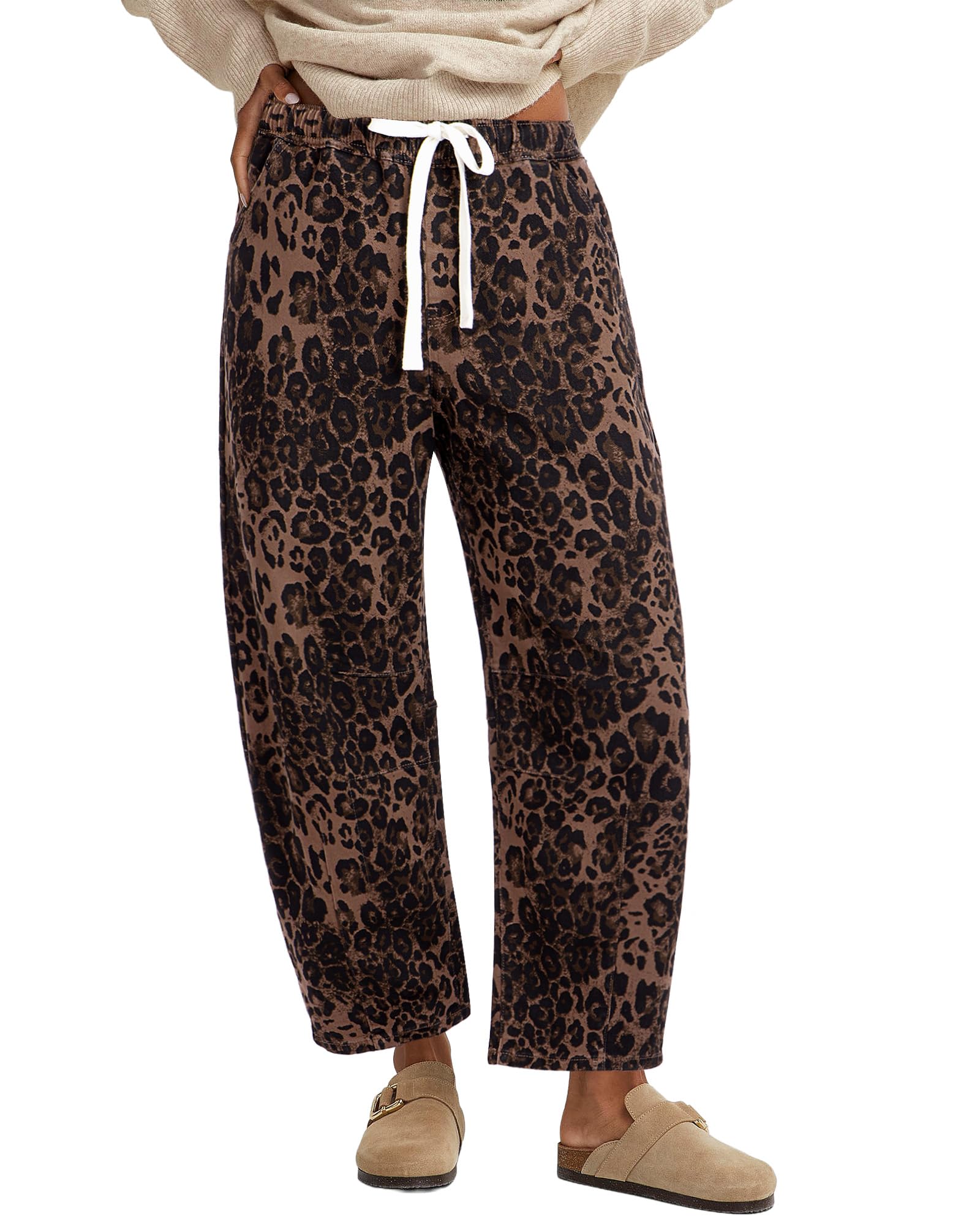 GRAPENT Elastic Waist Barrel Jeans for Women Wide Leg Jeans Women Leopard Print Barrel for Comfy Pants Crop Pants Womens Loose Womans Brown Leopard Size Large US 12 to 14