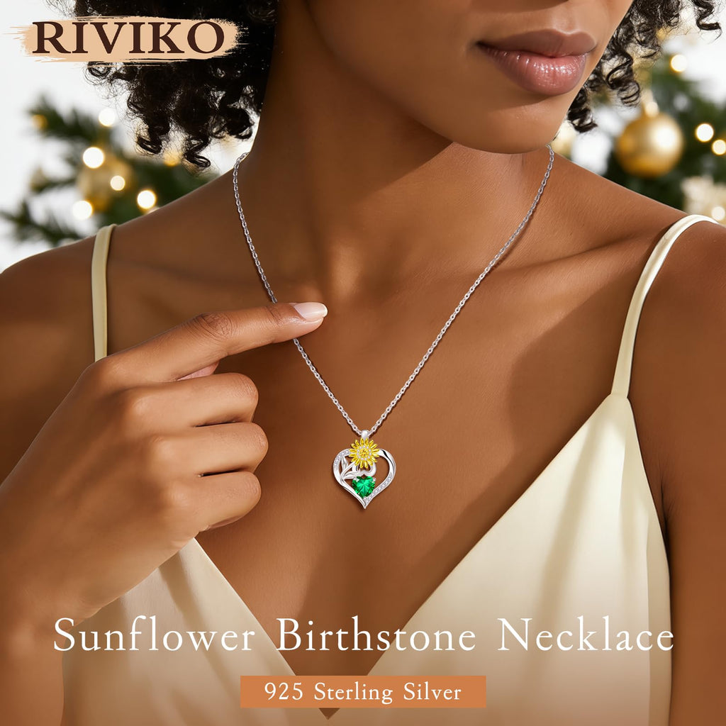 RIVIKO Valentine's Day Gifts for Her-Sunflower Birthstone Necklace for Women,925 Sterling Silver Heart Pendant,Anniversary Birthday Gifts for Women,May Birthstone Jewelry for Wife Mother