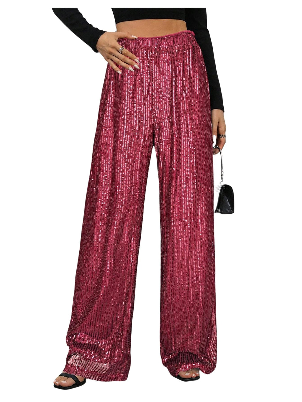 WDIRARA Women's Sequin Sparkle Pants Elastic Waist Wide Leg Party Club Trousers Burgundy Small