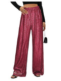 WDIRARA Women's Sequin Sparkle Pants Elastic Waist Wide Leg Party Club Trousers Burgundy Small