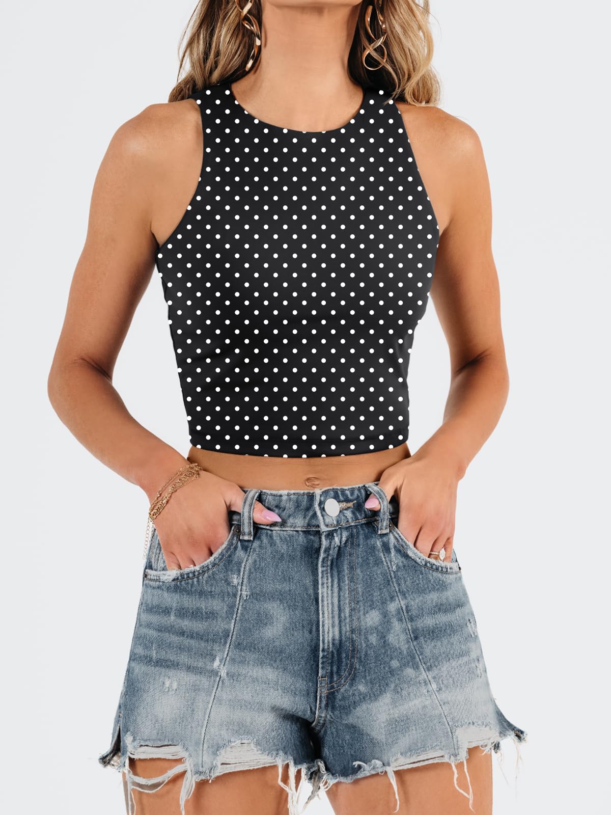 EFAN Womens Sexy Sleeveless Double Lined Crop Tops Workout Cute Tight Racerback Tank Tops Summer Clothes Teen Girls 2025 Black Dots M