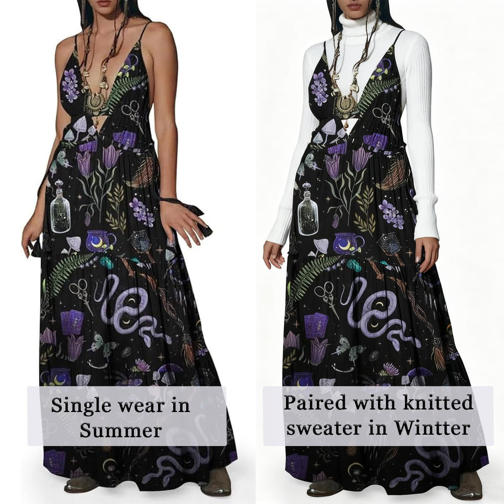 CORAMOON Womens Summer Sun Dresses Mystical Gothic Maxi Dress Casual Floral Witch Dress Date Dress Halloween Outfits (US, Alpha, X-Large, Regular, Regular, Black)