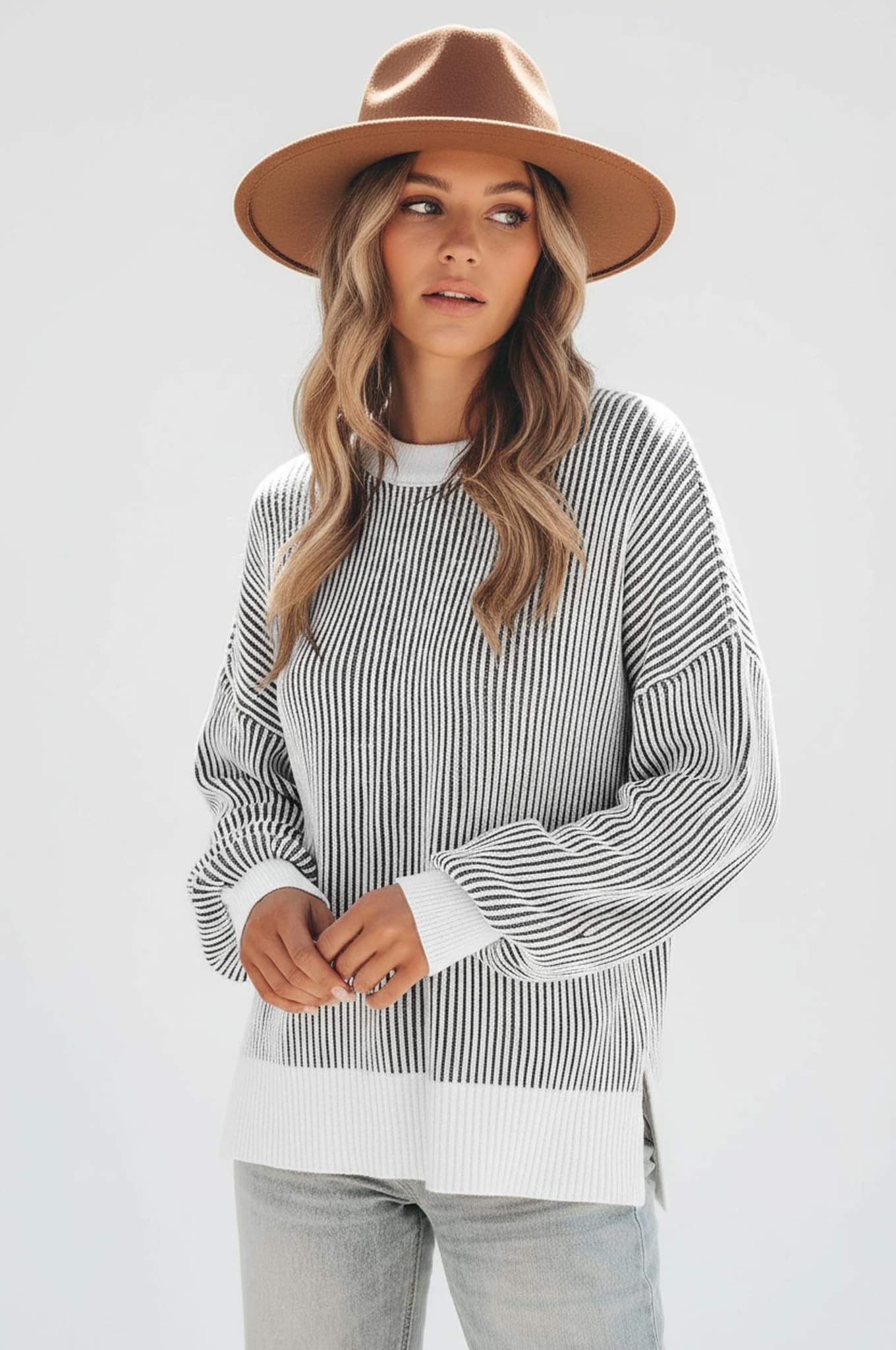 Disamer Womens Sweaters 2026 Fall Clothes Batwing Long Sleeve Striped Knit Pullover Tops Fashion Outfits Oversized Sweater,Pure Black,Large