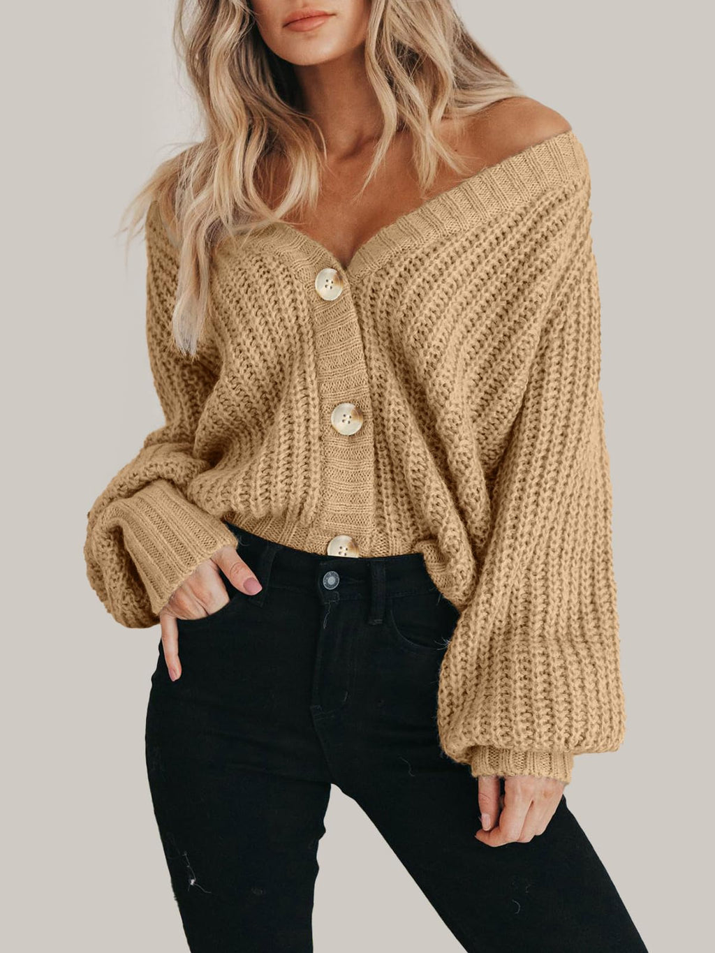 PRETTYGARDEN Long Sleeve Button Up Womens Sweaters Spring 2024 Open Front Plain Cardigans Sweaters Loose Soft Knit Coat Outerwear(Khaki,Medium)