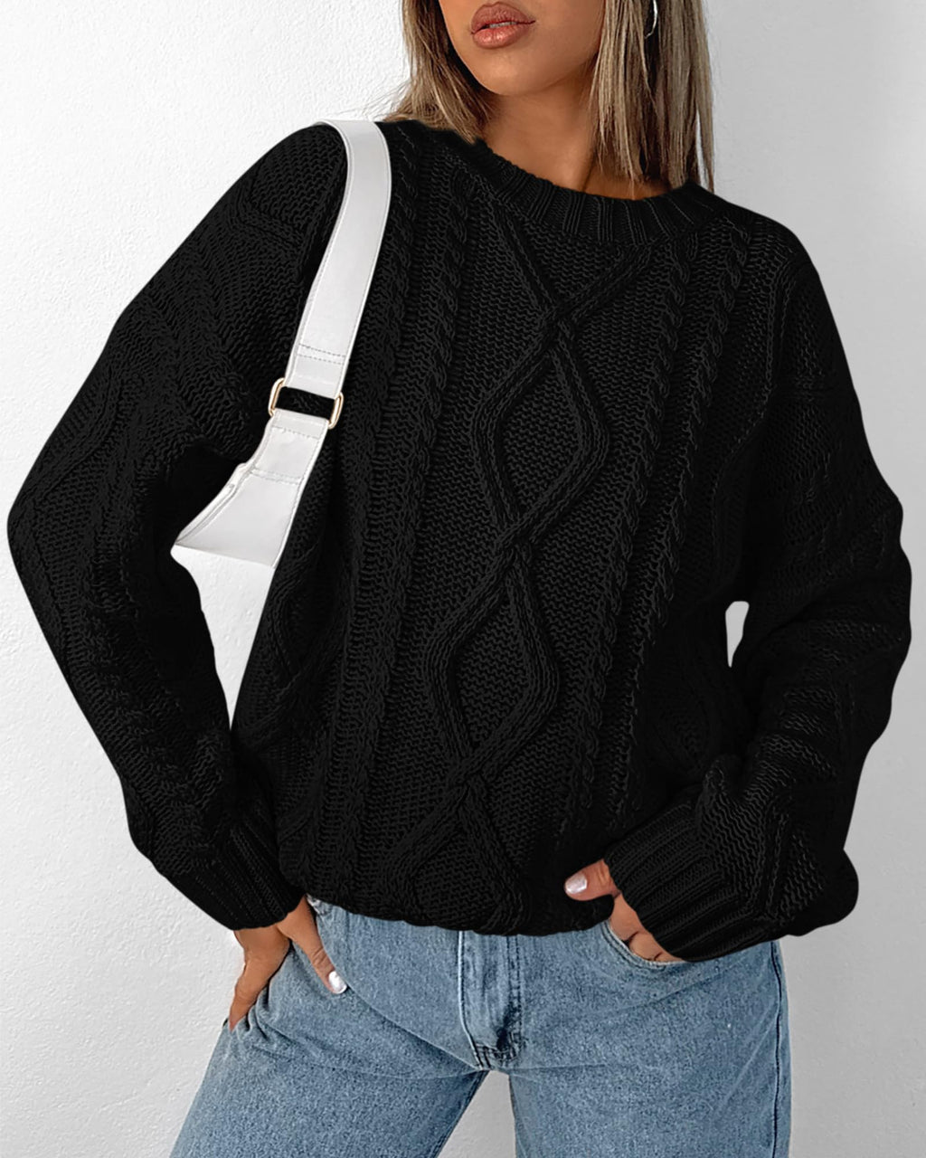 BTFBM Casual Women Long Sleeve Sweater 2025 Fall Ribbed Knit Pullover Loose Crewneck Cable Sweater Jumper Tops(Black,Medium)