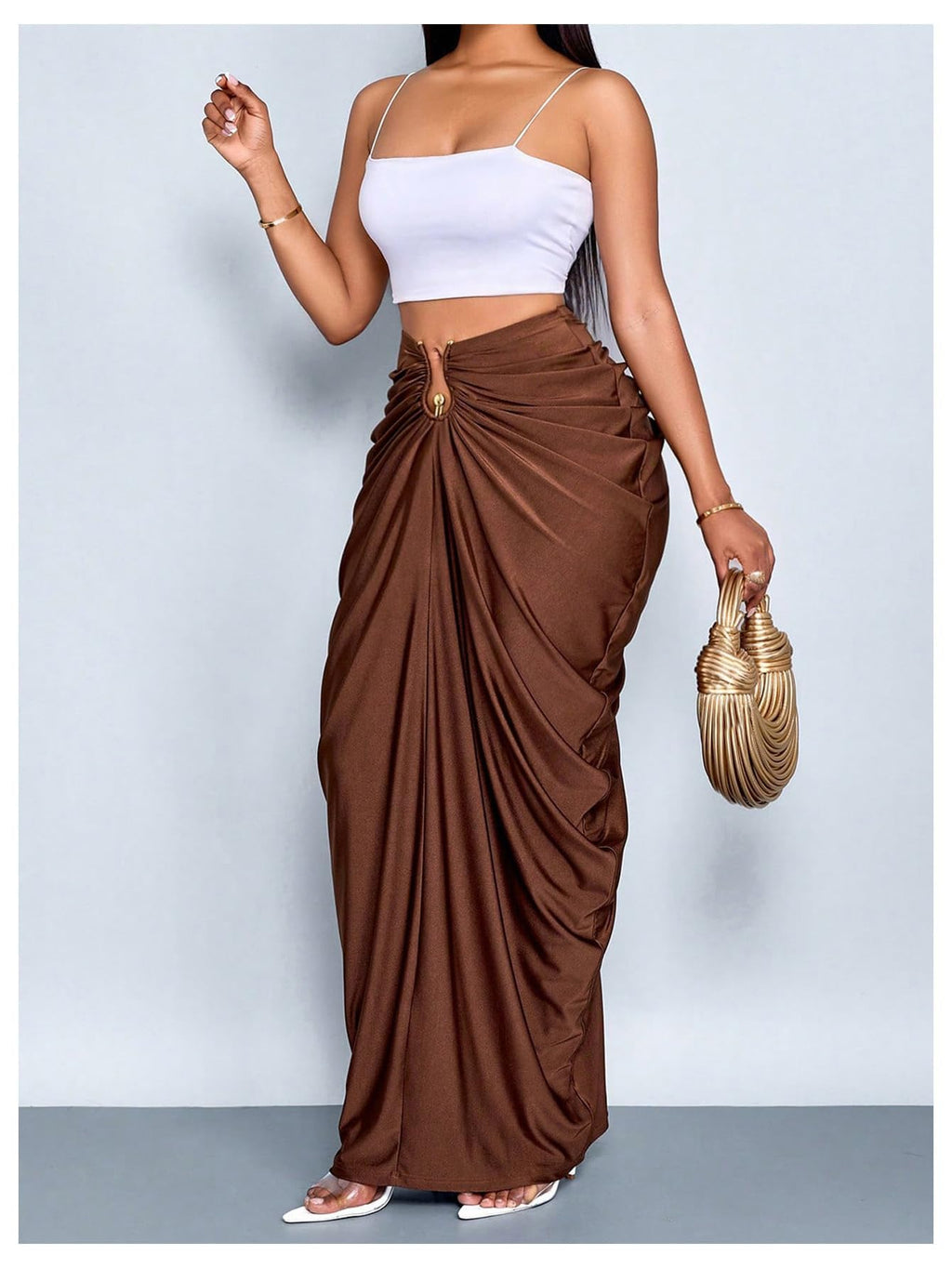 WDIRARA Women's Ruched Bodycon Maxi Skirt Cocktail Party High Waisted Long Fishtail Skirts Coffee Brown Large