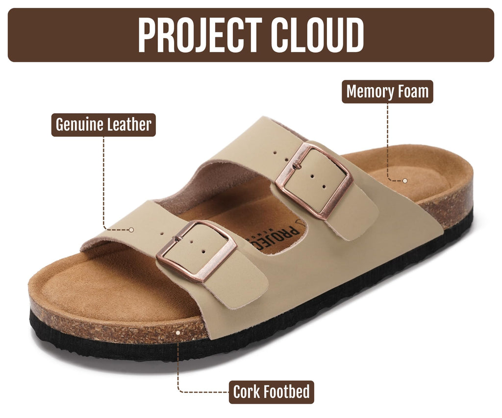 Project Cloud 100% Genuine Leather Flat Sandals For Women 2026 Cork Footbed Womens Sandals with Memory Foam and arch support Vacation Essentials Slides for Women Footwear (Venita, Beige, 9)