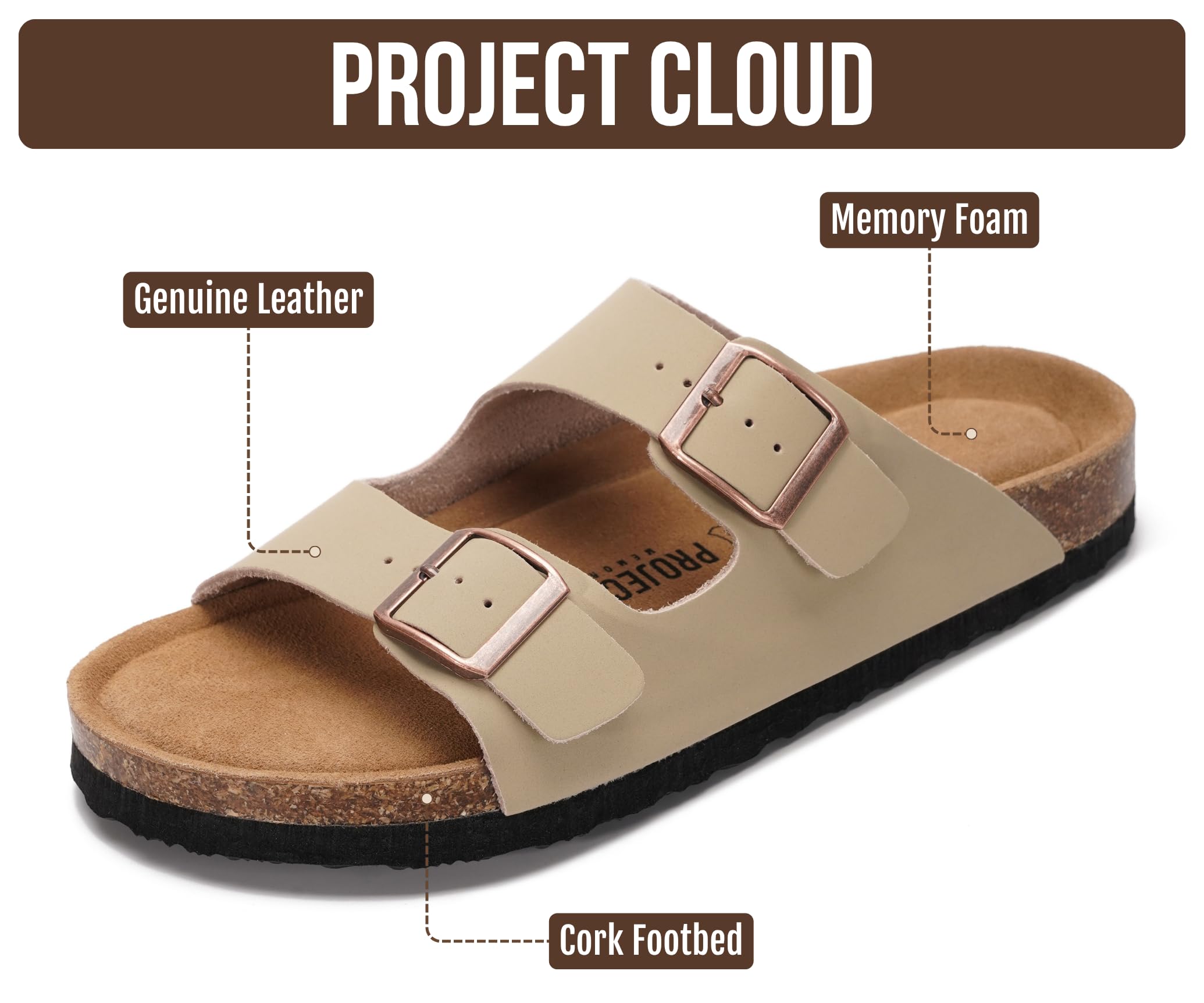 Project Cloud 100% Genuine Leather Flat Sandals For Women 2026 Cork Footbed Womens Sandals with Memory Foam and arch support Vacation Essentials Slides for Women Footwear (Venita, Beige, 9)