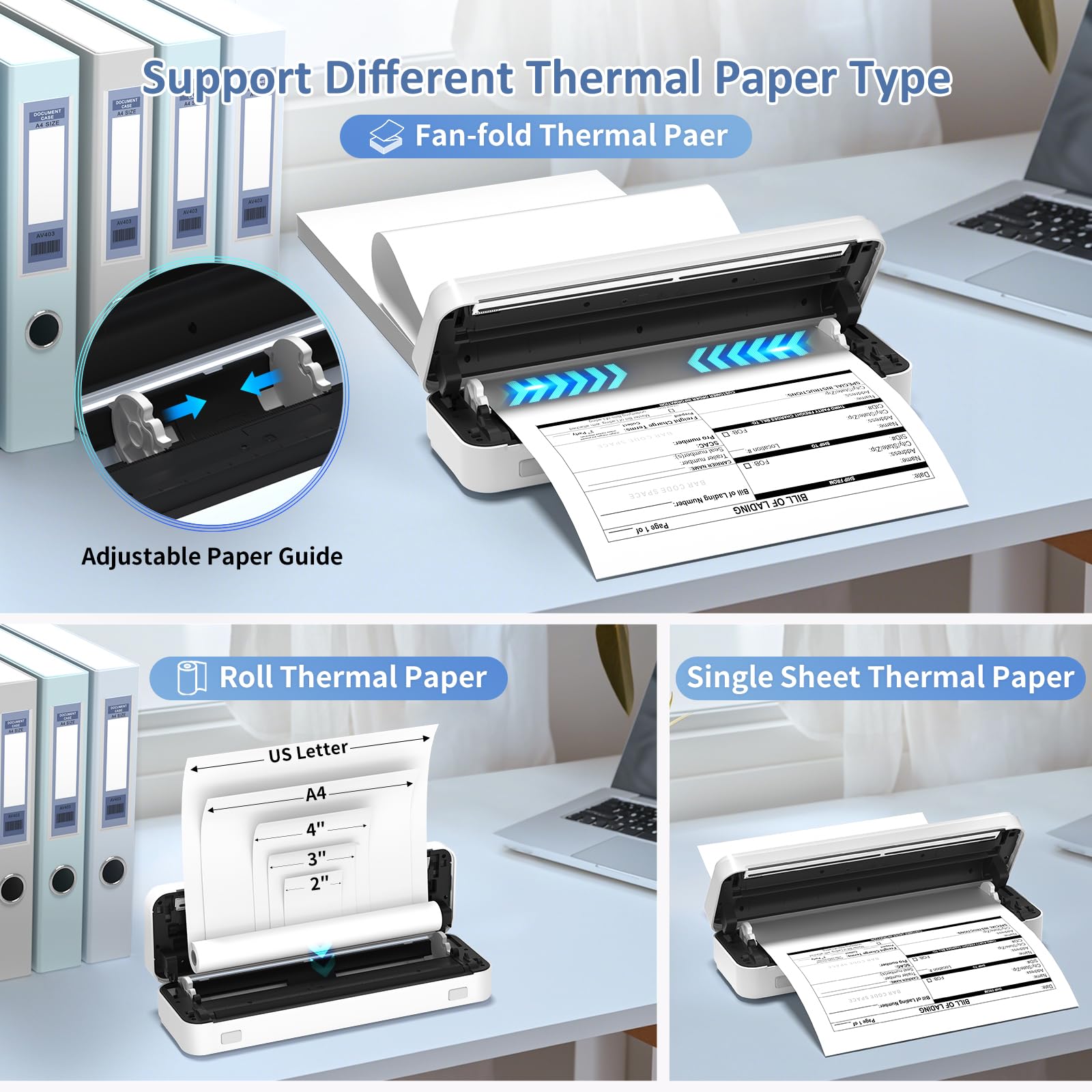 Gloryang Inkless Portable Printer for Travel, Wireless Thermal Printer Supports 8.5 x 11 Inch US Letter Size, Bluetooth Machine Includes Carry Case and 3 Rolls of Thermal Paper Kit, White