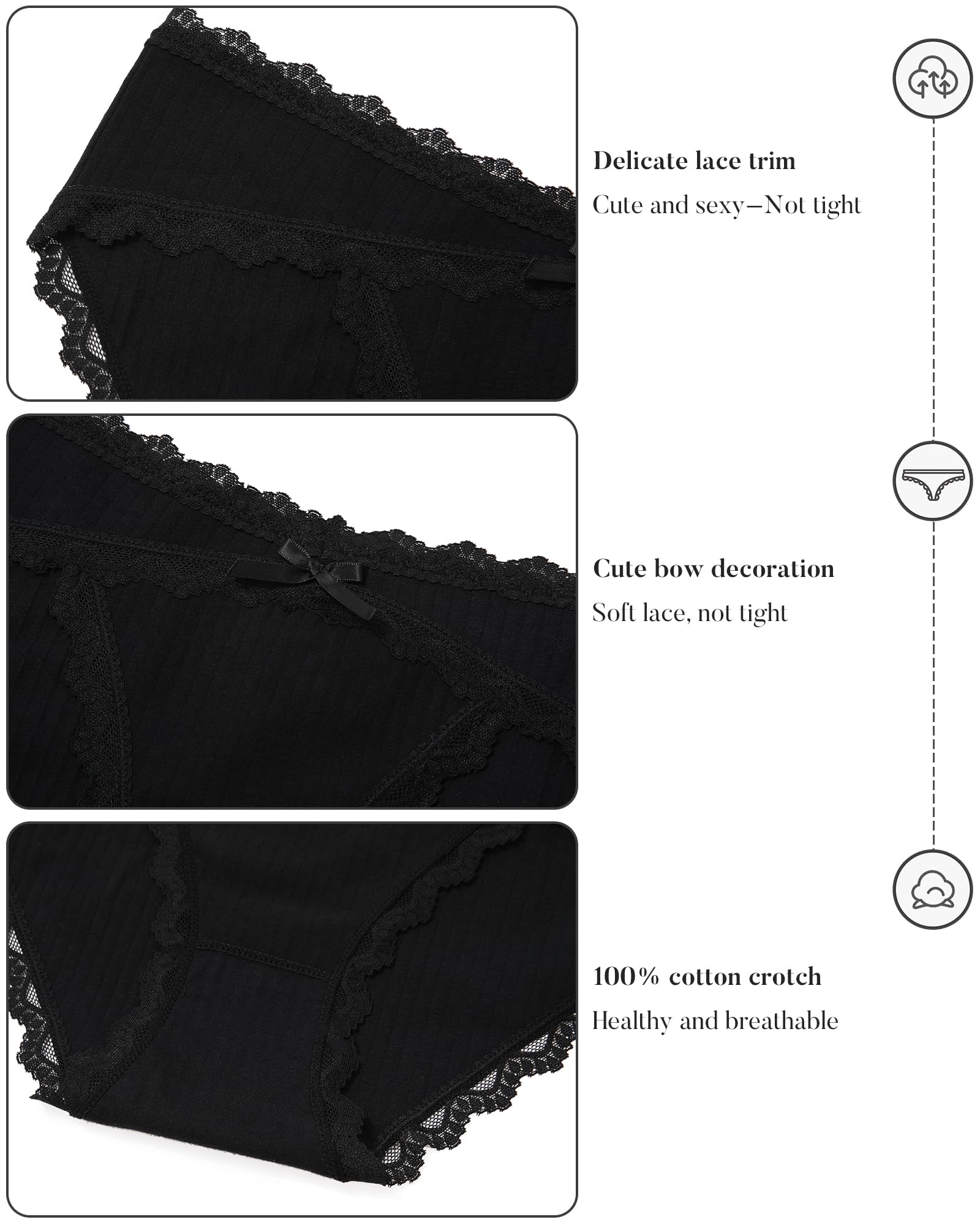 LEVAO 6 Pack Black Cotton Underwear for Women Lace Cheeky Bikini Panties Stretch Soft Hipster Ladies Briefs S-XXL