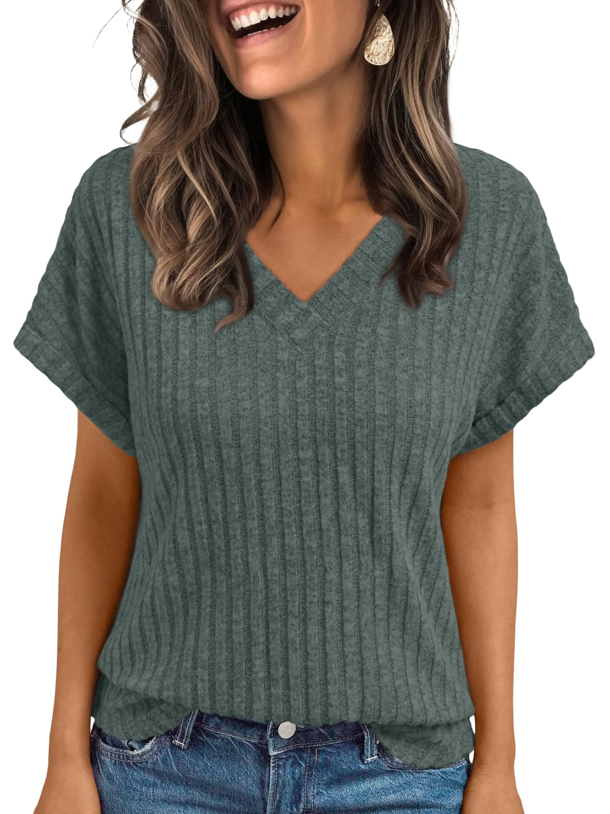 AUTOMET Womens Spring Tops 2026 Summer Dressy Casual Blouses Short Sleeve Cute V Neck Sweater Shirts Fashion Vacation Clothes Green L