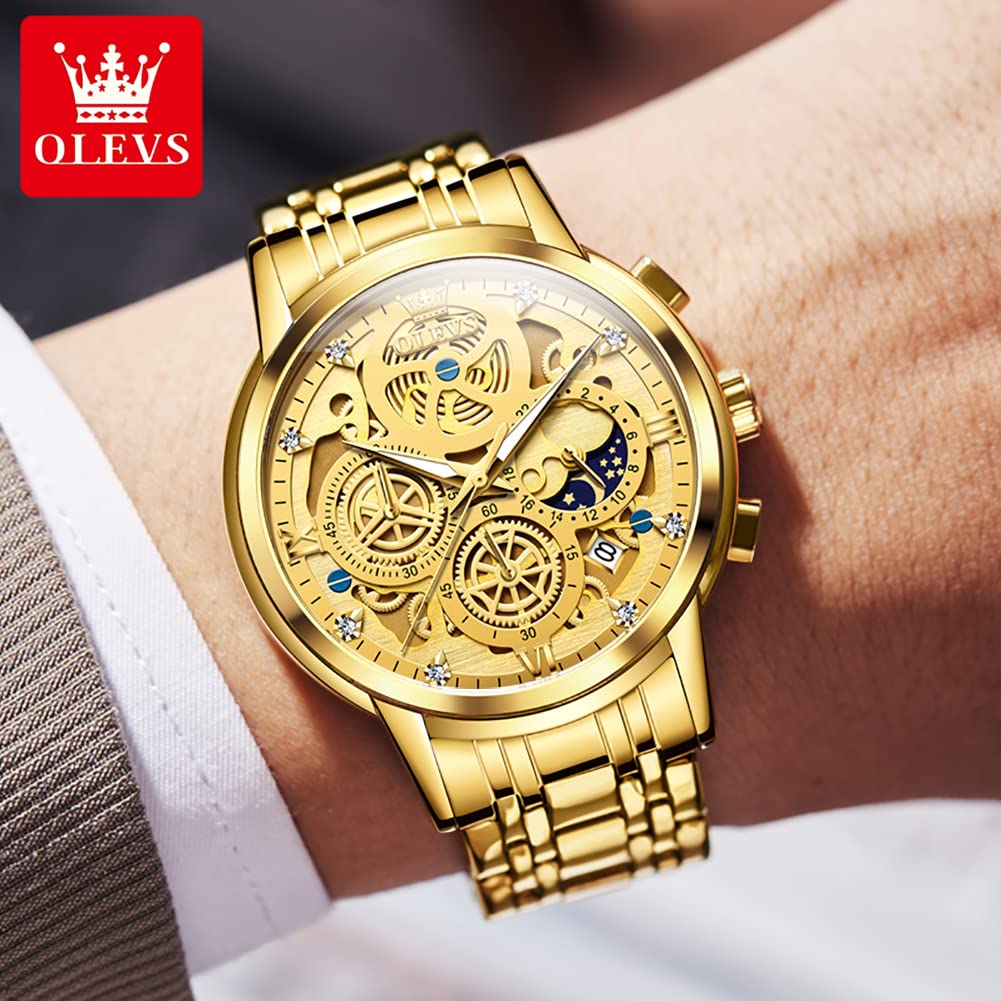 OLEVS Gold Watches for Men Stainless Steel Luxury Diamond Watch Chronograph Multifunction Business Mens Gold Watch with Date Mens Classic Dress Casual Watches Waterproof Sport reloj de hombre Gift for Men