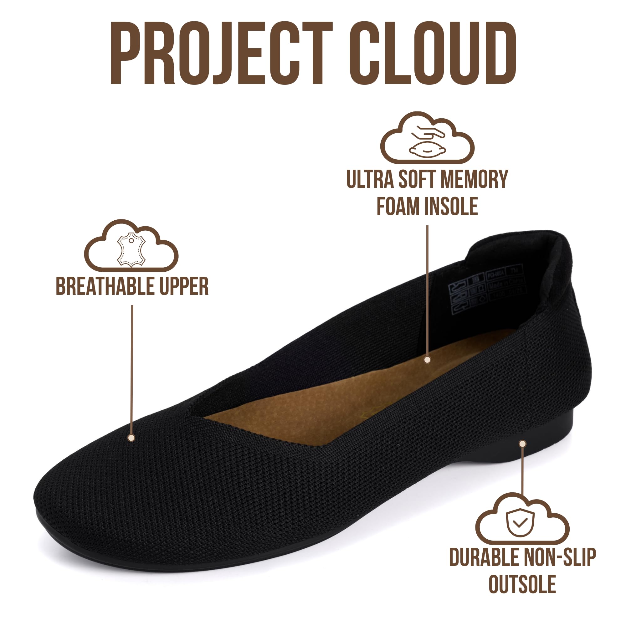 Project Cloud Womens Flats - Memory Foam Insole Ballet Flats for Women Footwear - Non Slip and Lightweight Comfortable Shoes for Women 2026 (Prospect-BLKKN,7.5M) Black Knit