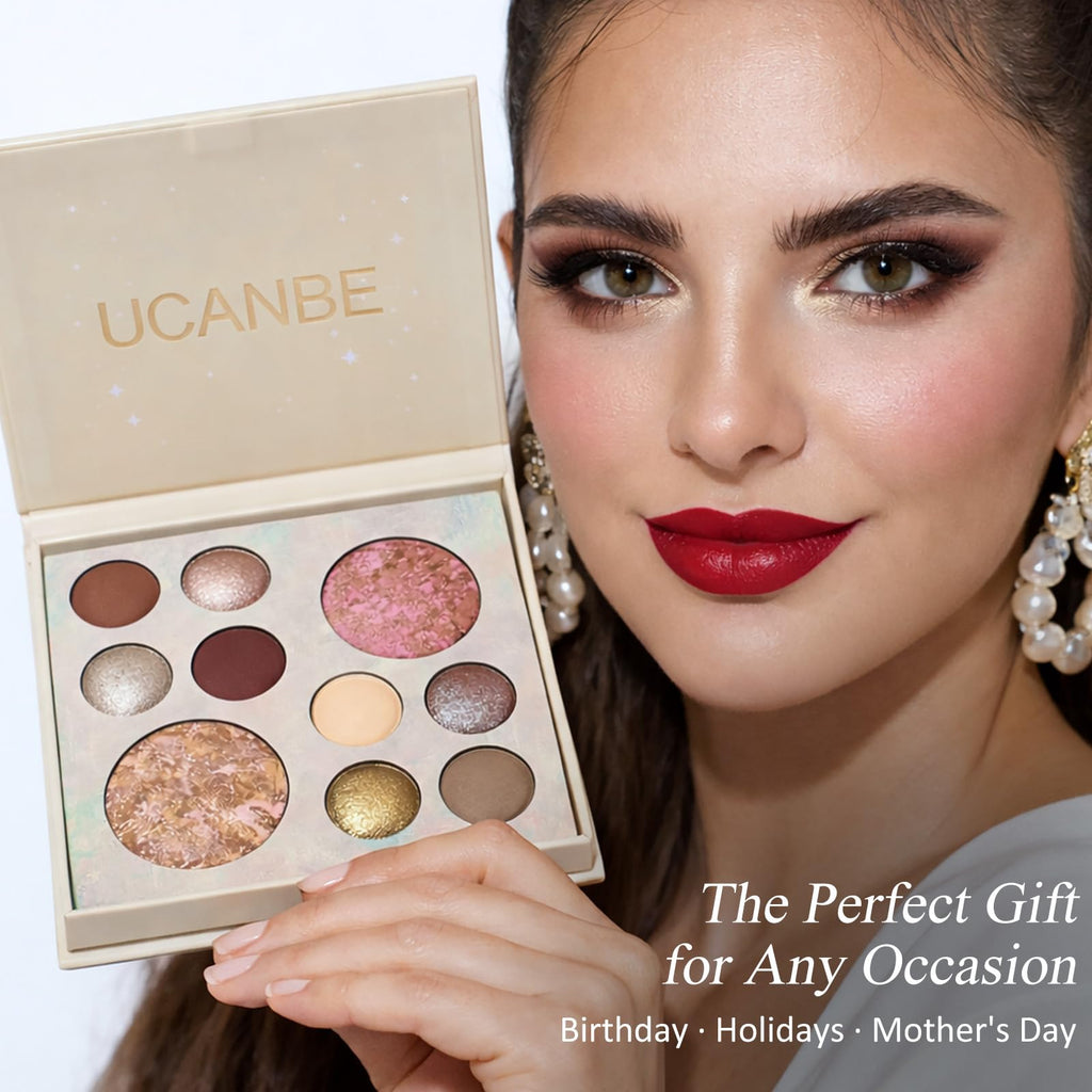 UCANBE All in One Baked Makeup Palette – Eyeshadow, Blush & Bronzer Face Kit, Neutral Pigmented Colors, Travel Size Compact, Full Face Makeup Gift Set for Women