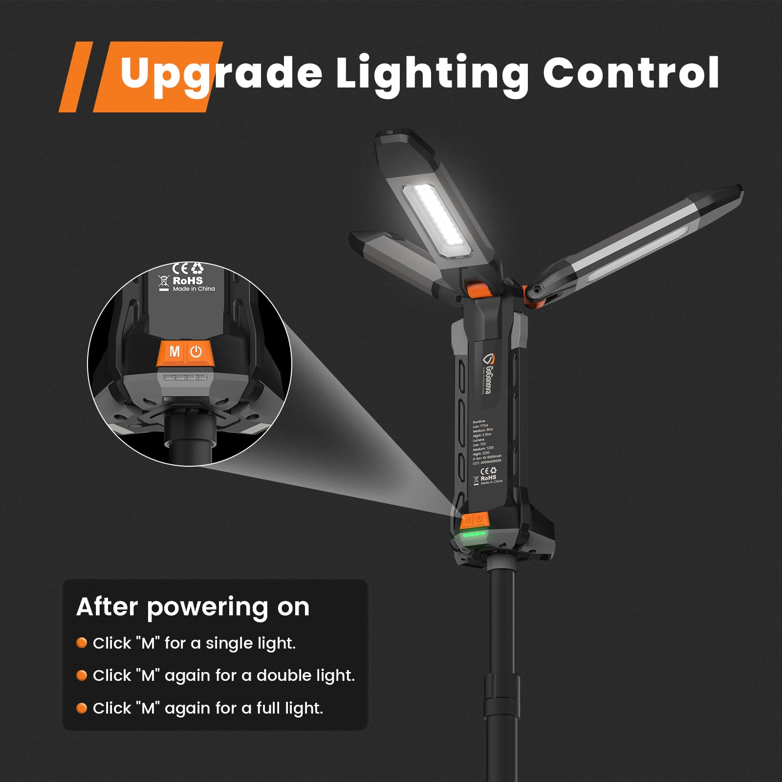 gogonova 2026 Rechargeable Work Light with Stand, 4 in 1 Cordless Camping Light, 700/1200/2200 Lumens, 4000/6500K Dimmable LED Work Lamp with Detachable Tripod（Grey）