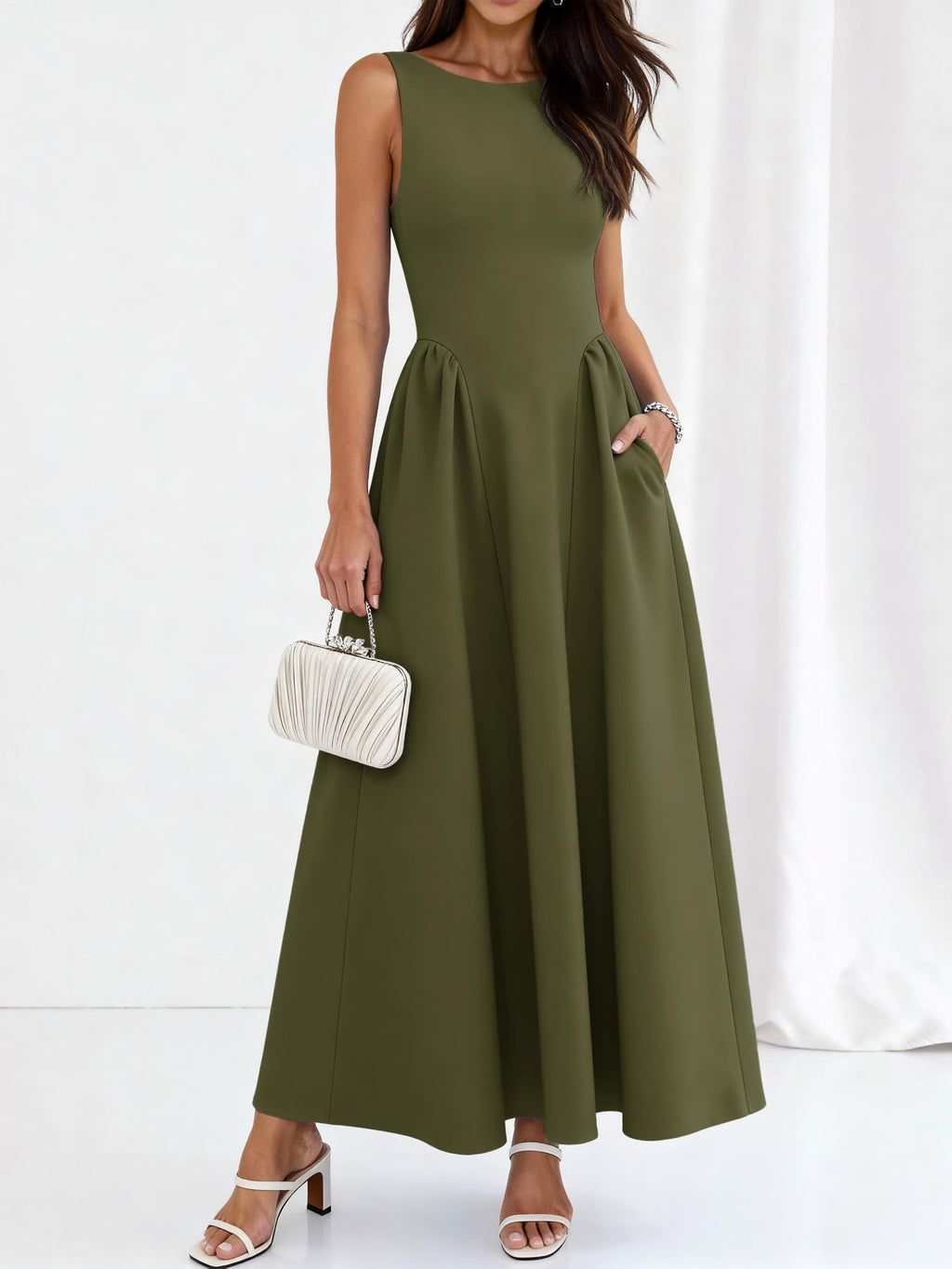 PRETTYGARDEN Summer Sleeveless Maxi Dresses for Women 2026 Elegant Classy A Line Tank Formal Midi Long Wedding Guest Dress(Army Green,Medium)