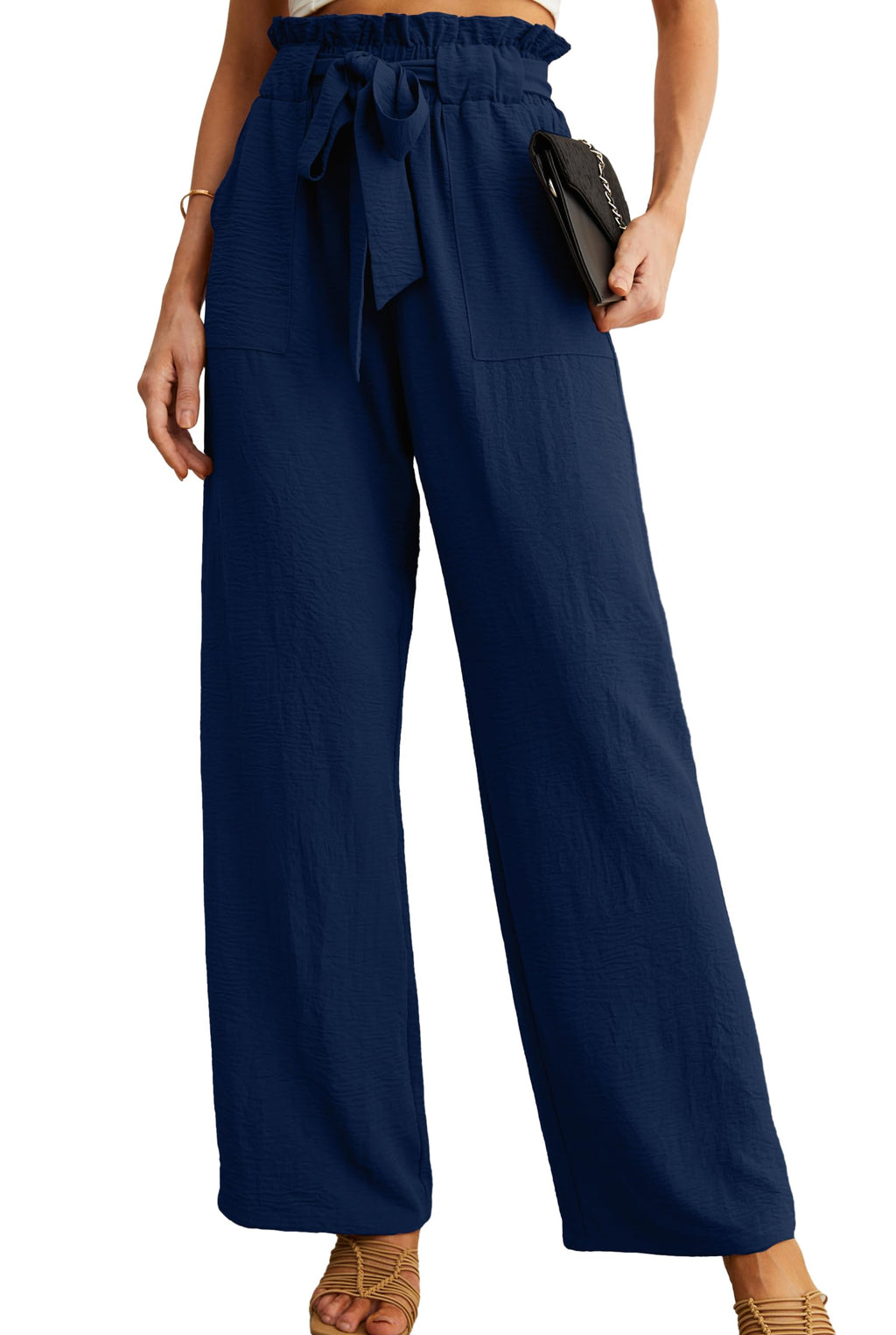 IWOLLENCE Women's Wide Leg Pants with Pockets High Waist Adjustable Knot Loose Casual Trousers Business Work Casual Pants Dark Blue XX-Large