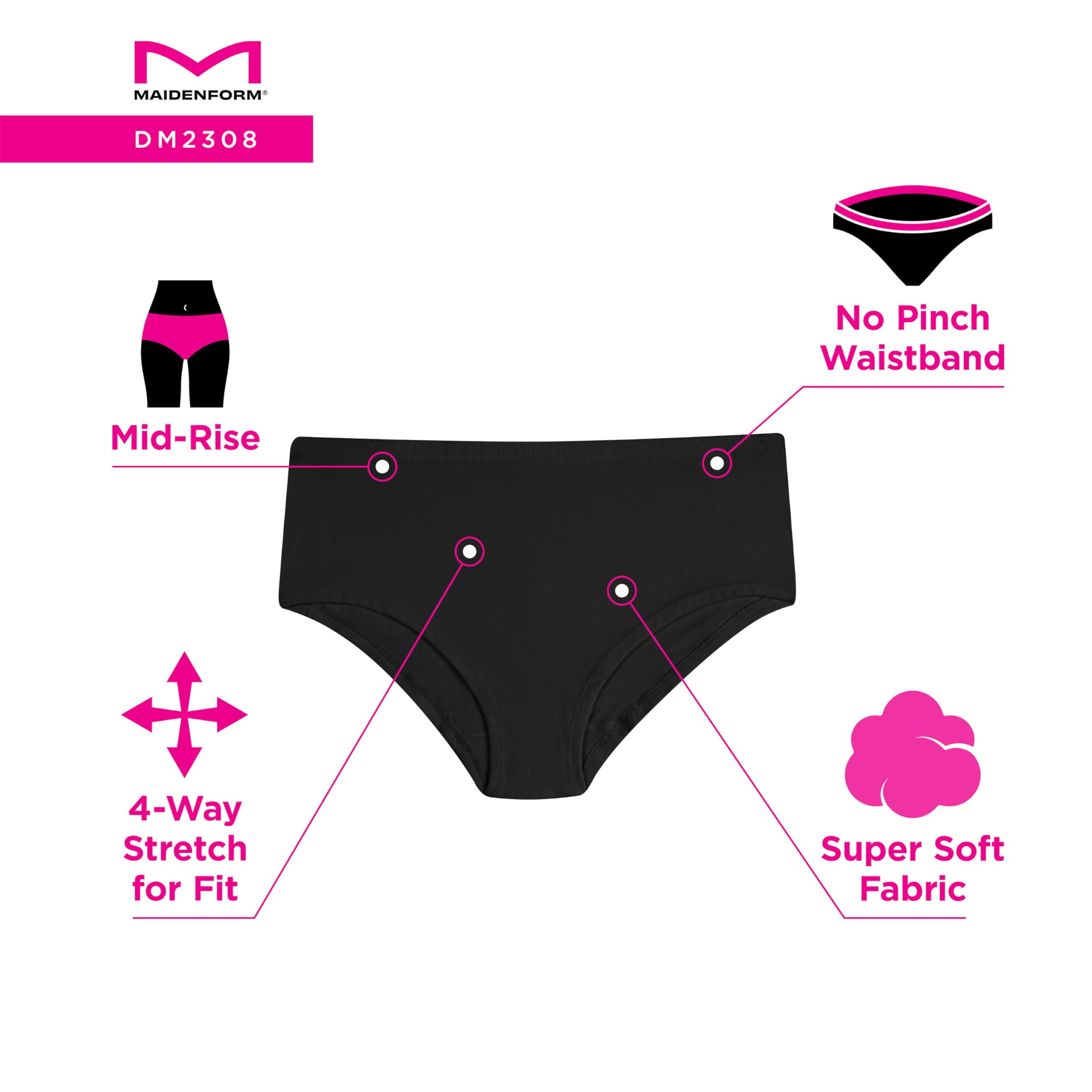 Maidenform Women's M Seamless Bikini, Mid-Rise Hipster Panty, Seamless Underwear for Women, 3-Pack