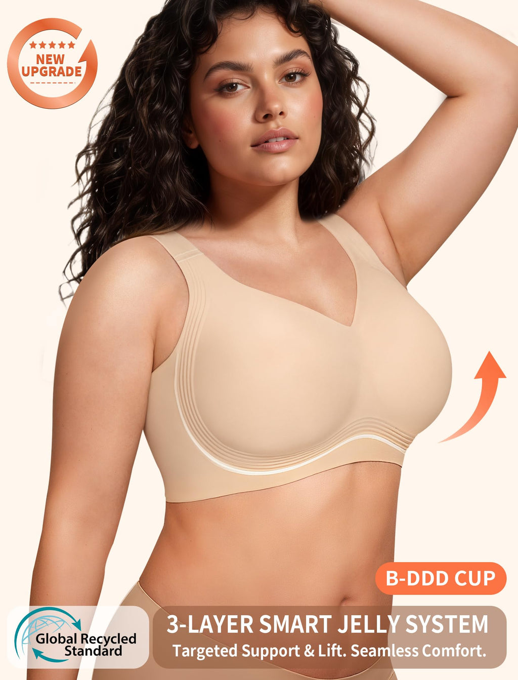 PoseFree Womens Bras No Underwire Full Support Back Fat Smoothing Bralette Wireless Push Up Plus Size Sports Bra (Nude,L)