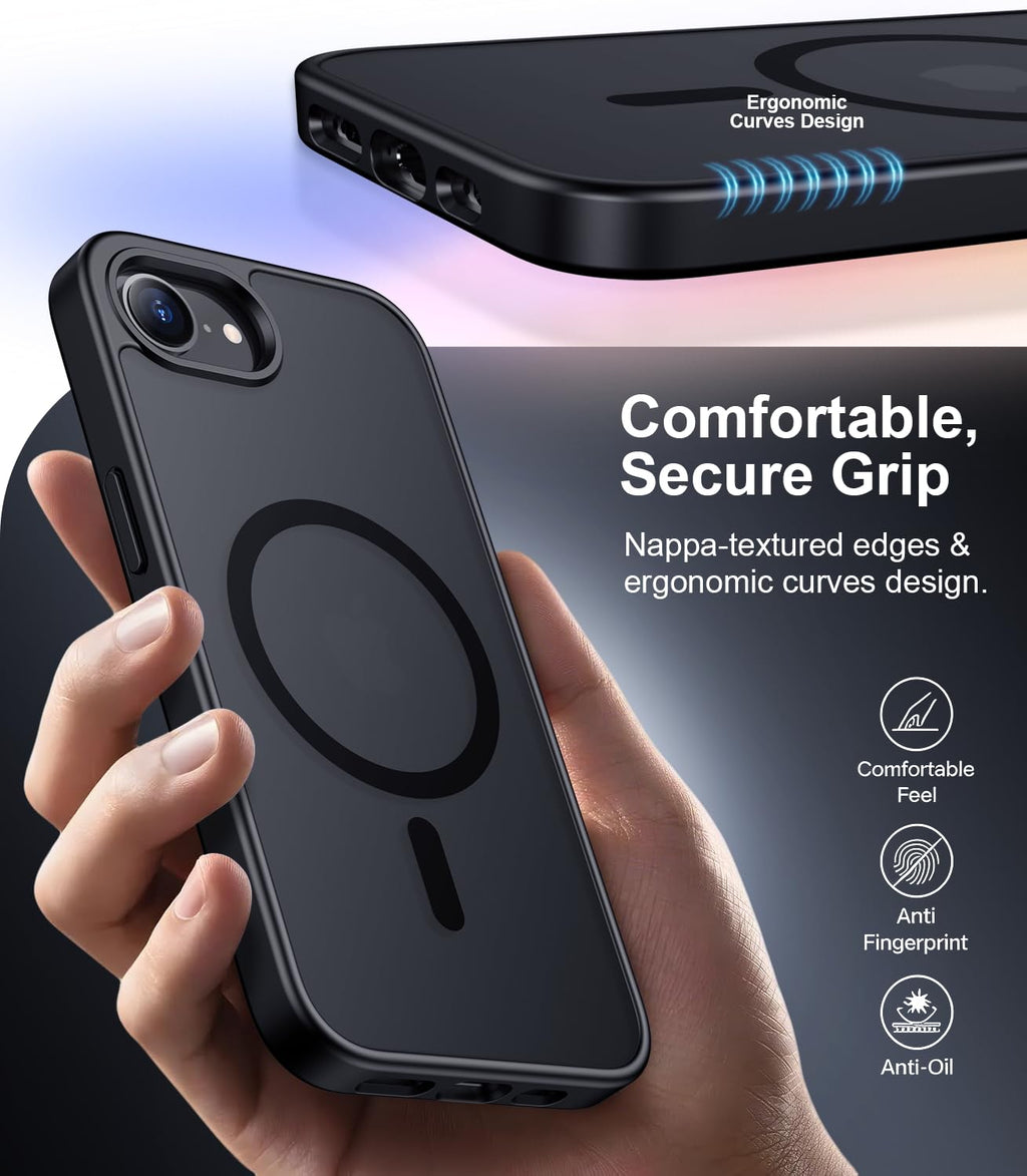 SPIDERCASE Designed for iPhone 16e Case, Magnetic Translucent Matte Case with 2PCS Tempered Glass Screen Protector Slim Phone Case for iPhone 16E 6.1'', Black