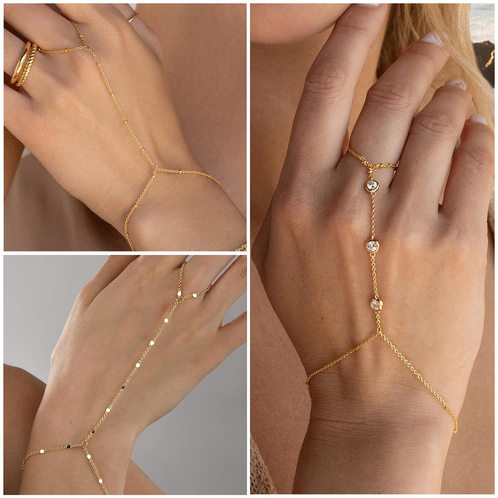 3PCS 14K Gold-Plated Hand Chain Bracelets for Women, Stack Bracelets Set Adjustable, Dainty Ring Bracelet Hand Chain