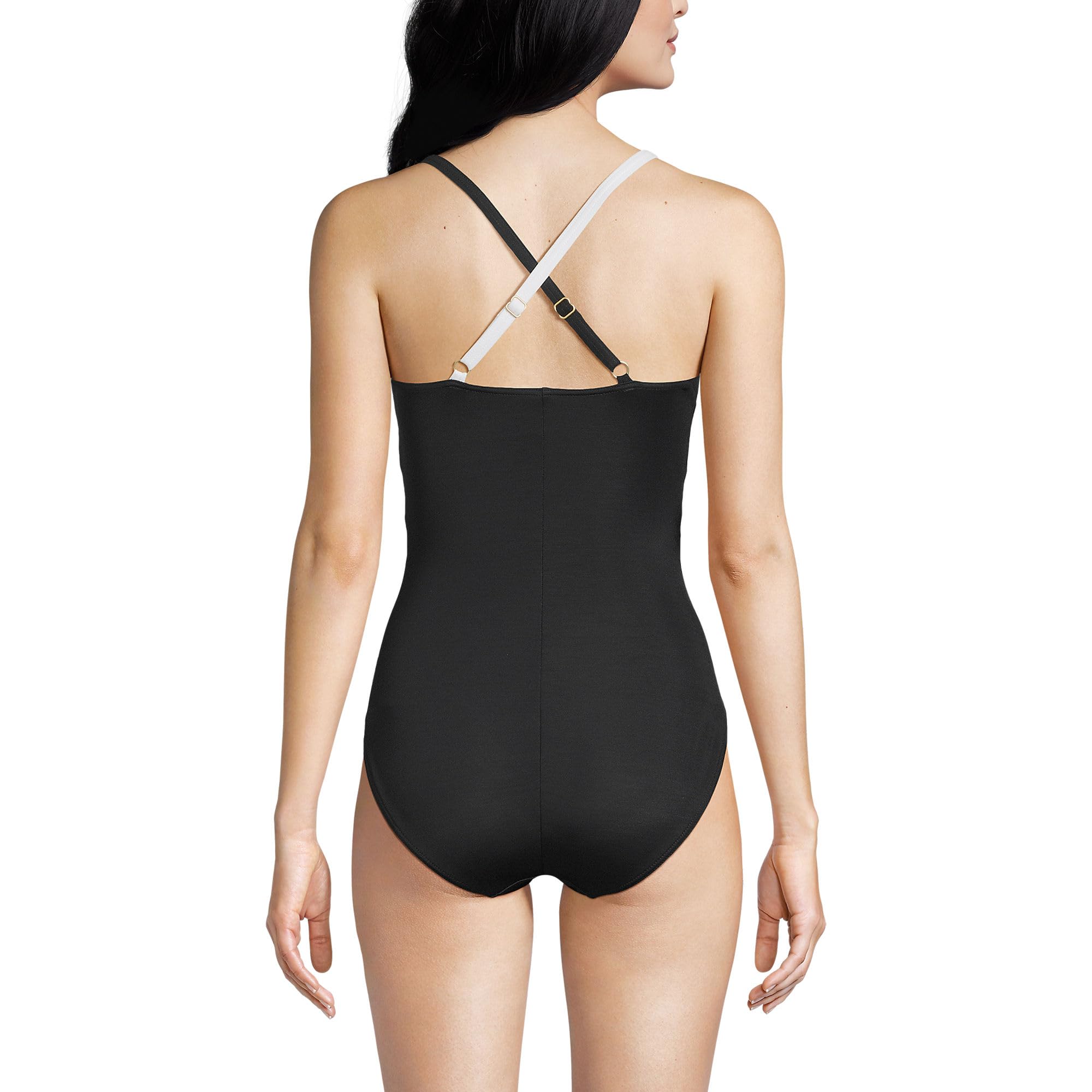 Lands' End Women's New SlenderSuit Pleated Low Leg One Piece Swimsuit 10 Black/White