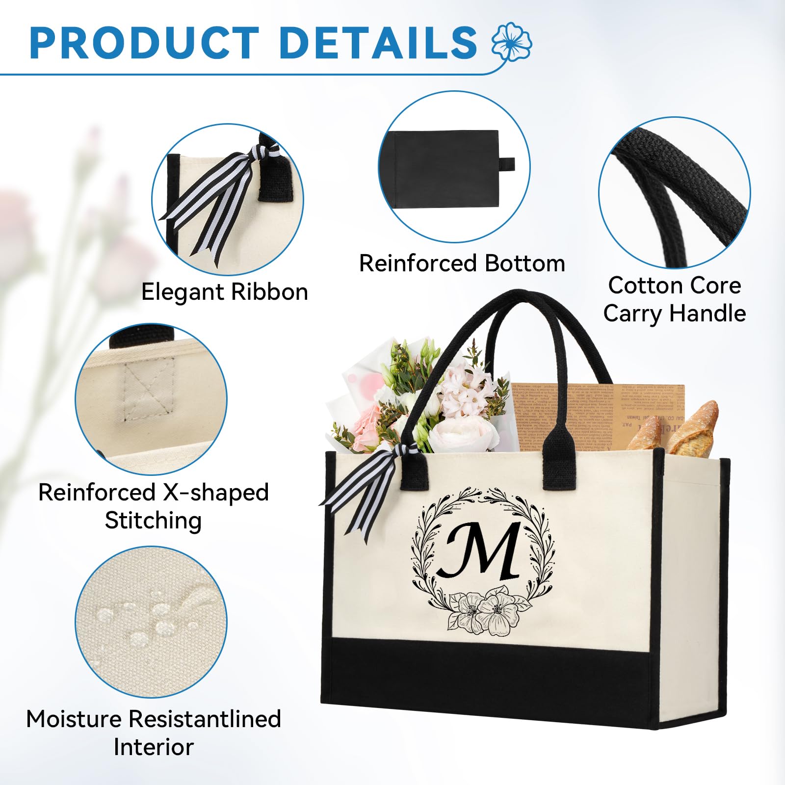 Miokok Personalized Initial Canvas Tote Bag, Beach Bags for Women, Birthday Gifts, Wedding Gift, for Mom, Teachers, Friends, Nurse（Letter S）