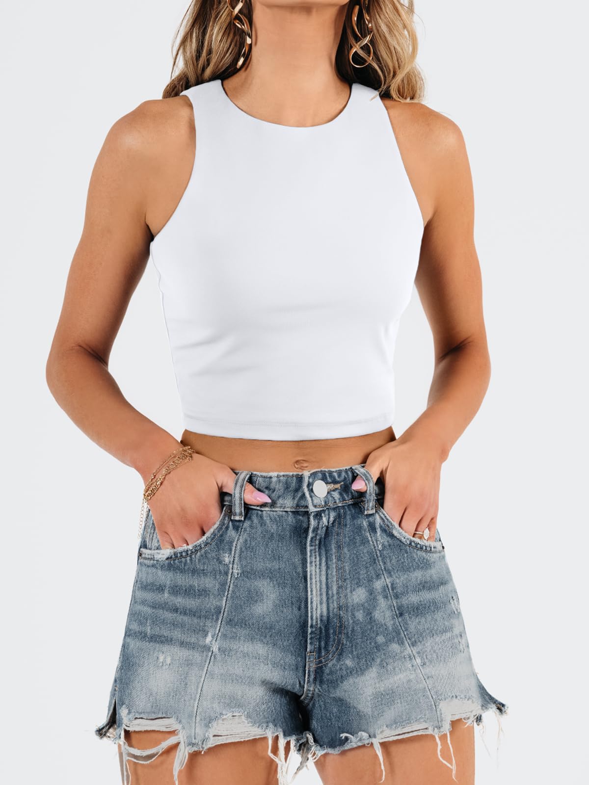 EFAN Womens Sexy Sleeveless Double Lined Crop Tops Workout Cute Tight Racerback Tank Tops Summer Clothes Teen Girls 2025 White M