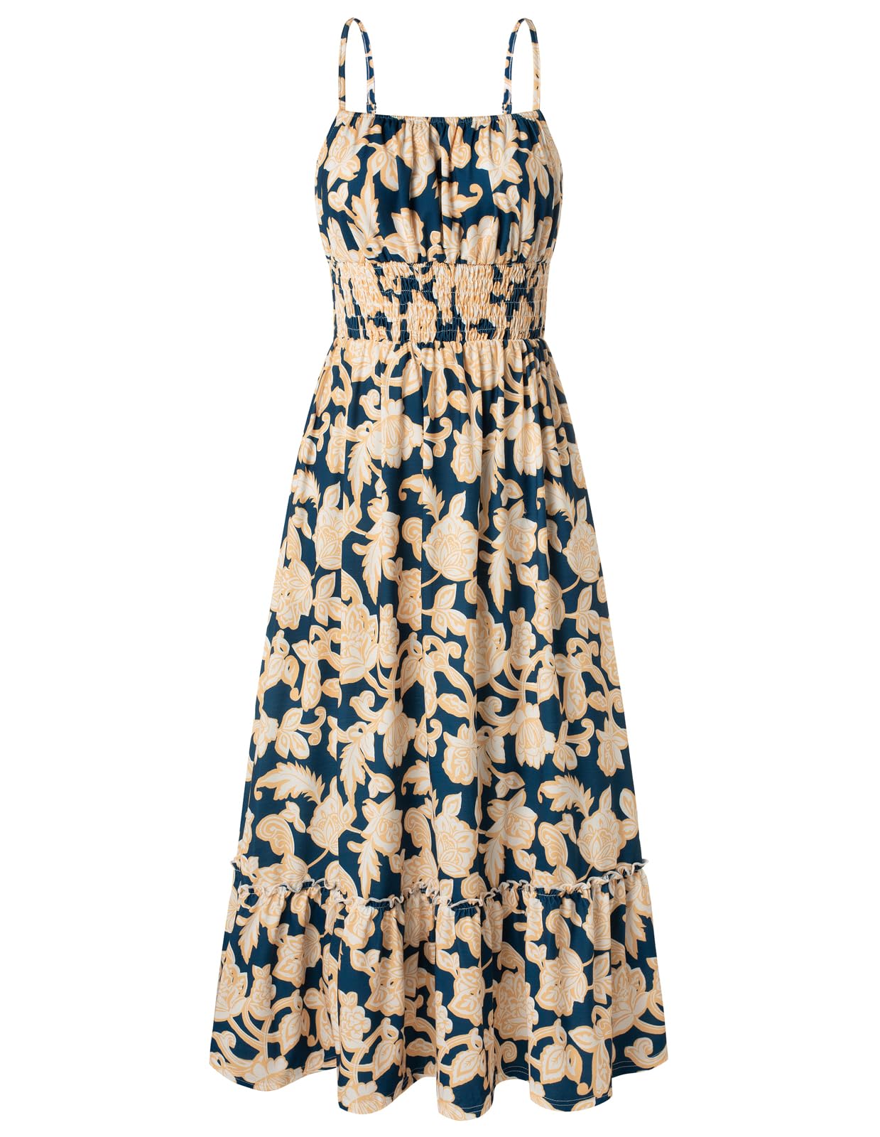 GRACE KARIN Summer Dresses for Women 2026 Vacation,Smocked Floral Maxi Dresses,Boho Beach Long Sundress Navy Flower M