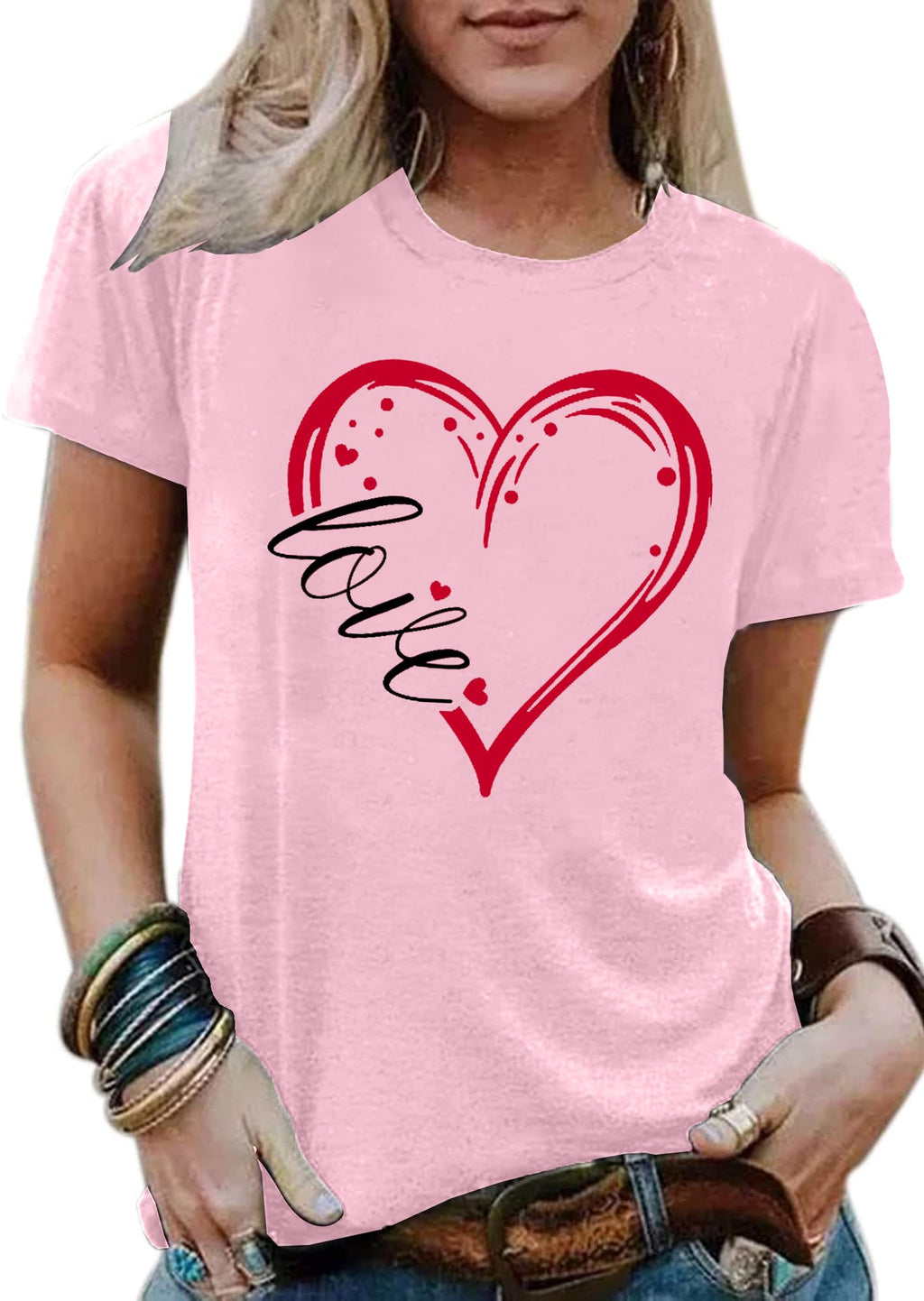 Womens Valentines Shirts Cute Love Heart Tshirts Funny Teen Girl's Valentine's Short Sleeve E-Pink