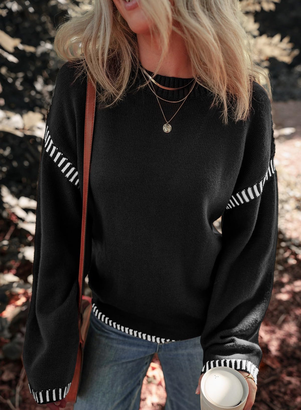 Dokotoo School Outfits for Teachers Early Fall Fashion Crewneck Solid Oversized Sweaters for Women Contrast Ribbed Knit Winter Clothing for Women Soft Long Sleeve Casual Loose Sweater Tops Black XL