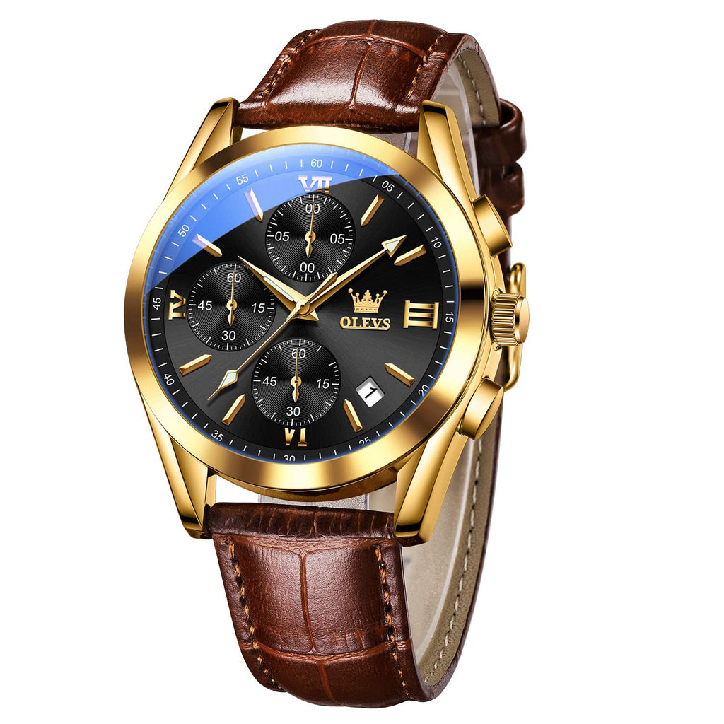 OLEVS Men's Round Watches with Leather Band Auto Date Quartz Watches for Men Black Dial Roman Number Men's Chronograph Watch Rose Gold Bezel Three Hands Classic Mens Sports Wristwatch Reloj De Hombre