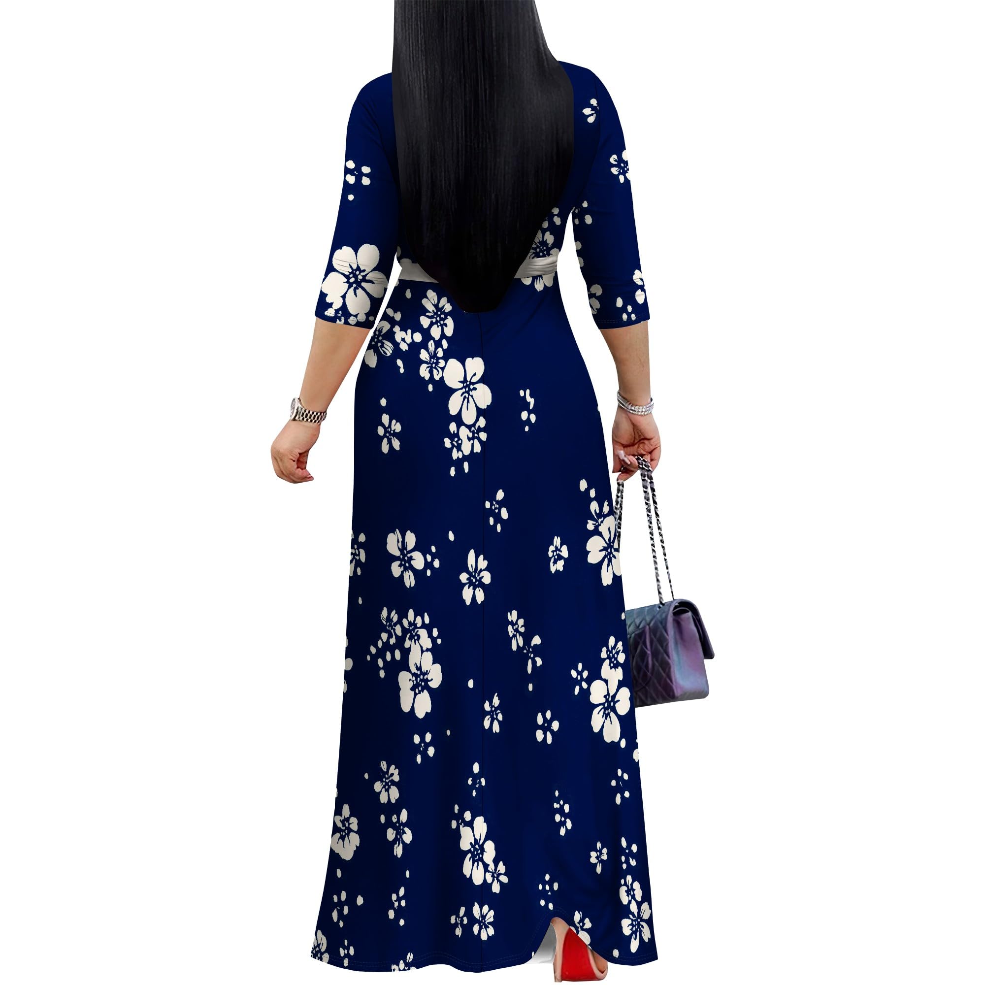 PinkPatty Plus Size Maxi Dress for Women 3/4 Sleeve V Neck Printing Dress Wedding Guest Sundress with Belt (A-Navy Blue/White2XL)