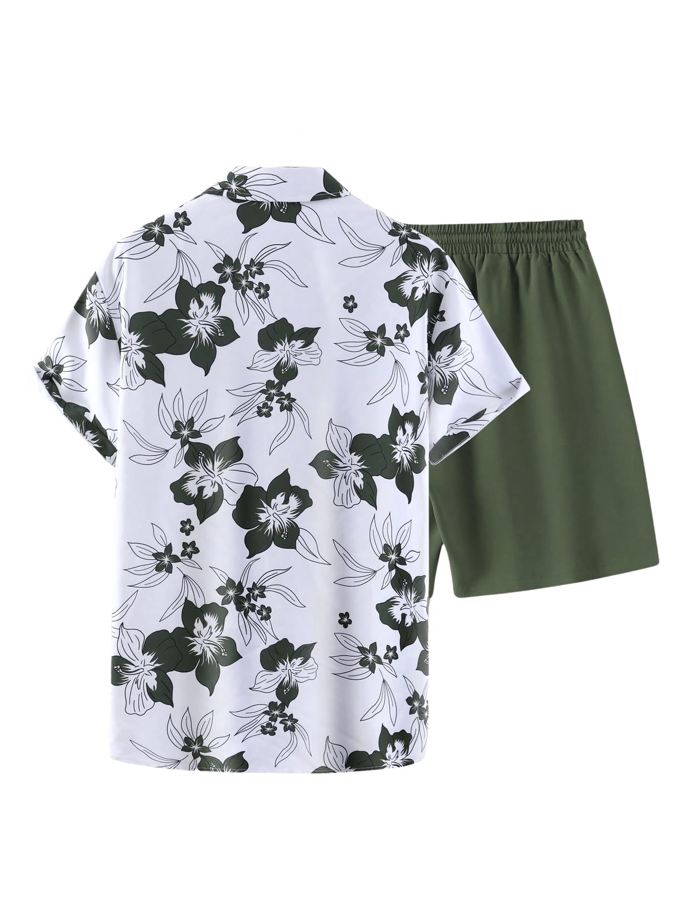 GORGLITTER Men's Vacation Beach Cruise Summer Outfits 2 Piece Shorts Set Hawaiian Button Down Shirt and Shorts Army Green X-Large